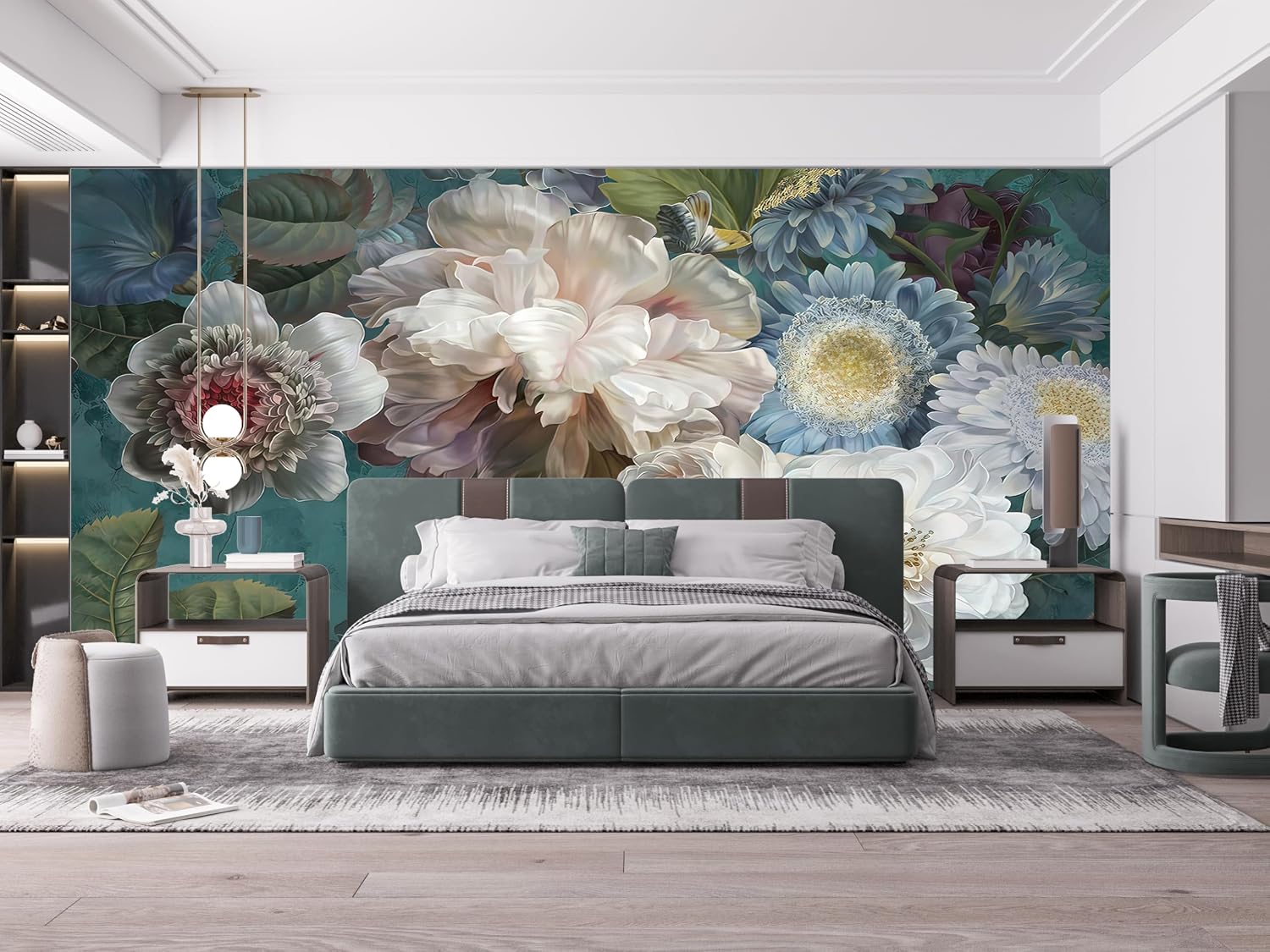 Large Floral Wall Mural, Vintage Peony Pattern Wallpaper in Teal and White, Custom Home Decor for Bedroom, Office, Living Room (157" L x 110" H)