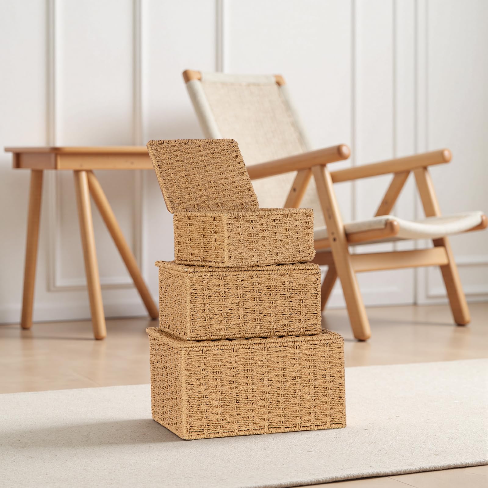 Cestini Portaoggetti con Coperchio,Cesto Vimini Piccolo Bambini Cesto in Corda di Carta Cestino porta Giocattoli Cestino da Bagno,per Camerette, Bagno, Cassetti, Cucine, Soggiorno