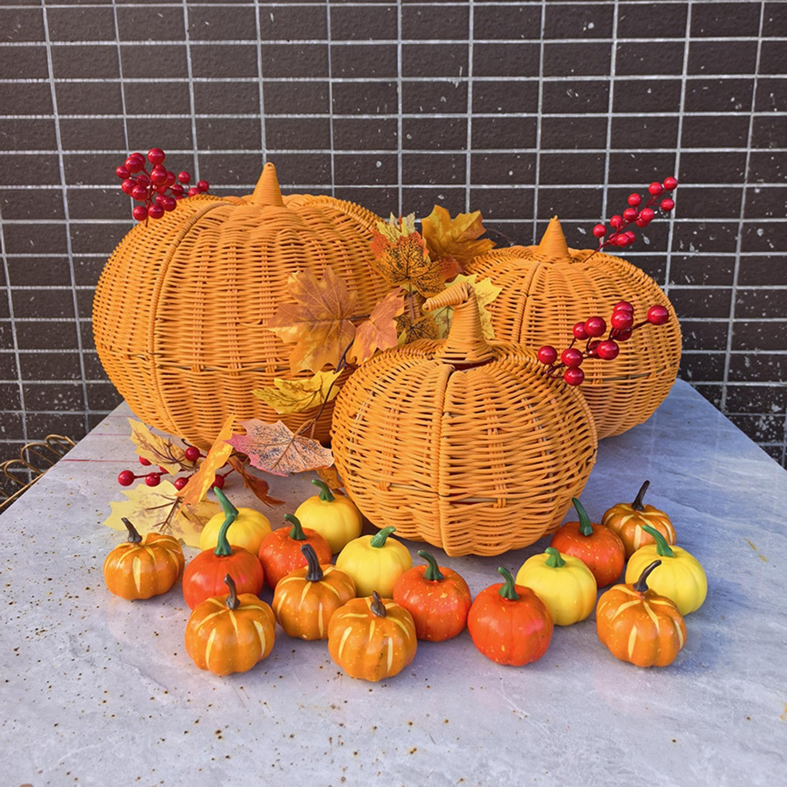 Cesto portaoggetti a forma di intrecciato a mano, pieghevole | Cestino per caramelle di Halloween intrecciato a forma di zucca, per feste autunnali, raccolti, feste, interni ed esterni