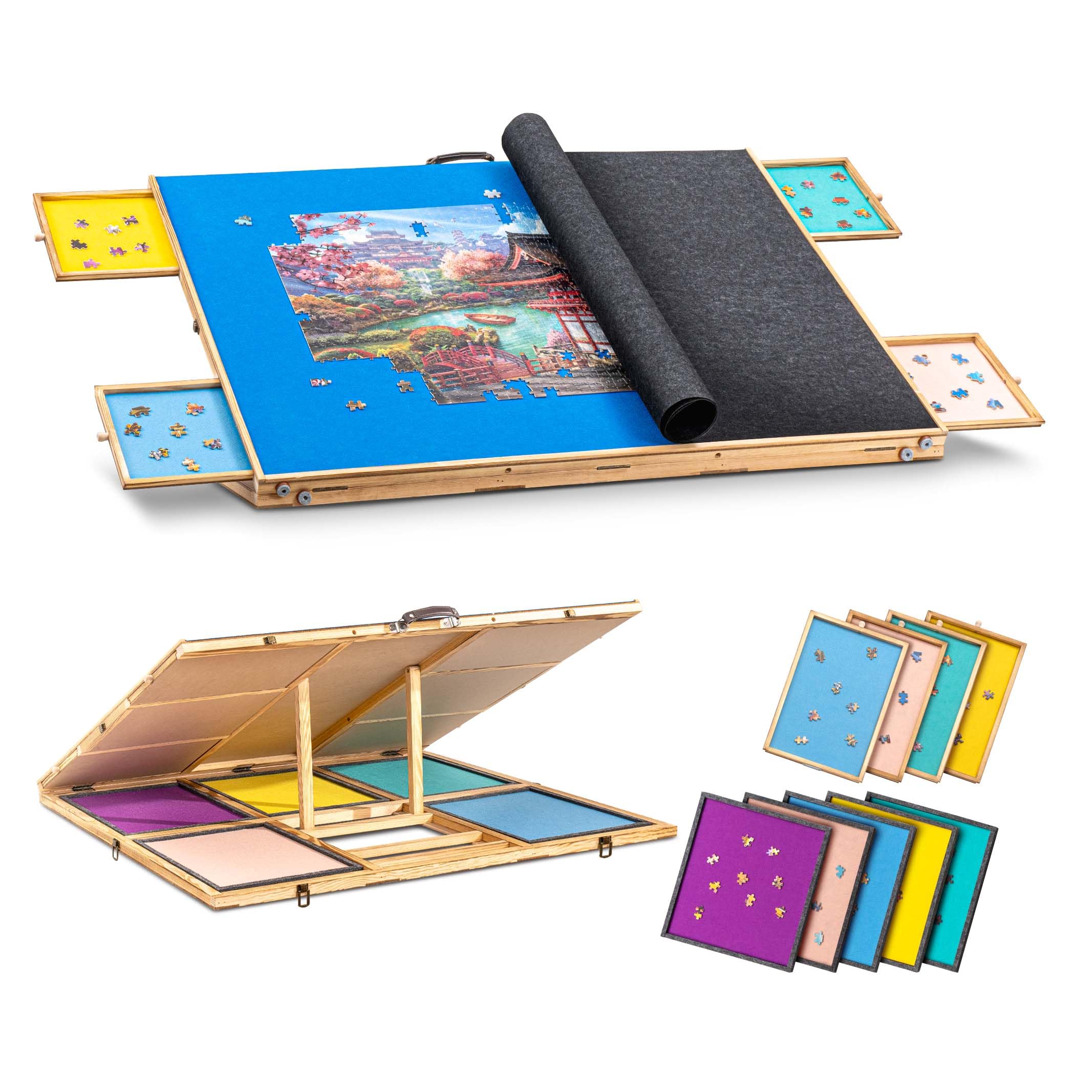 Tektalk Planche de Puzzle de 2000 pièces avec 4 tiroirs de tri et 5 Plateaux en Feutre, Table de Puzzle avec Couvercle et poignée, Rangement pour 2000, 1500, 1000, 500 pièces de Puzzle