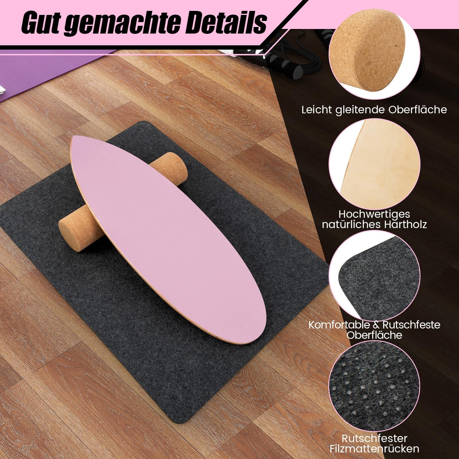 FANTASK Balancebrett aus Holz, Balance Board für zuhause mit Korkrolle, Balance Trainer Trickboard aus 8 hochwertigen Holzschichten gepresst, Rosa