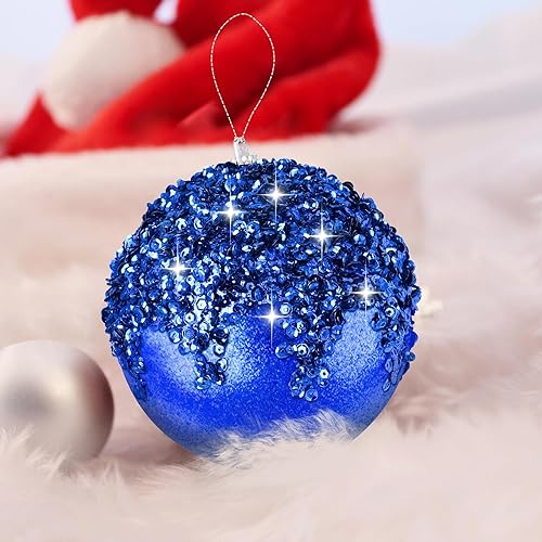 Miniatura 4 de 12 adornos de bolas de Navidad grandes de 4 pulgadas, bolas de lentejuelas azules de Navidad, bolas de Navidad para árboles de Navidad, bodas,