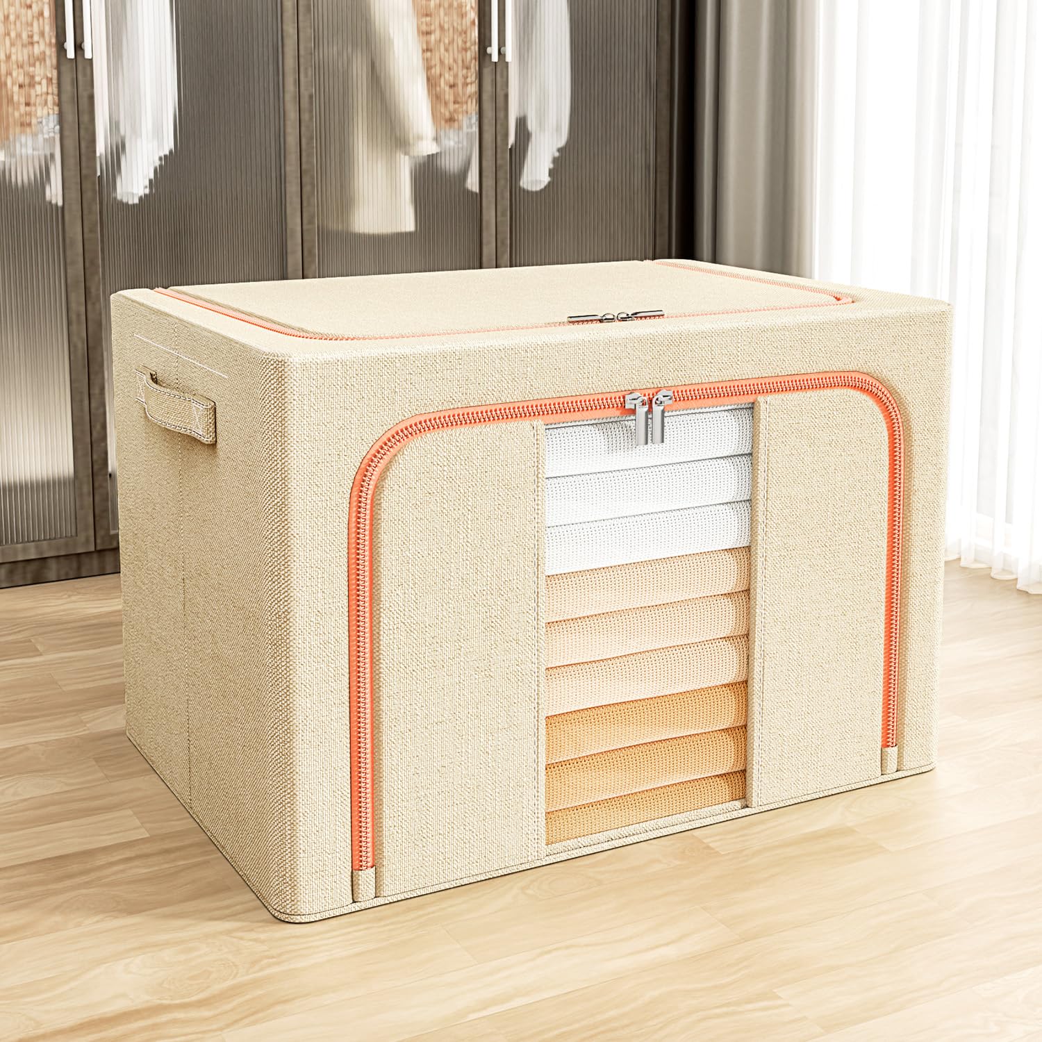 HOKIPO 100L Wardrobe Organiser for Storage for Clothes, Extra Large Foldable Storage Box, Sand Beige Pack of 1 (AR-6674-BGE)-image-46