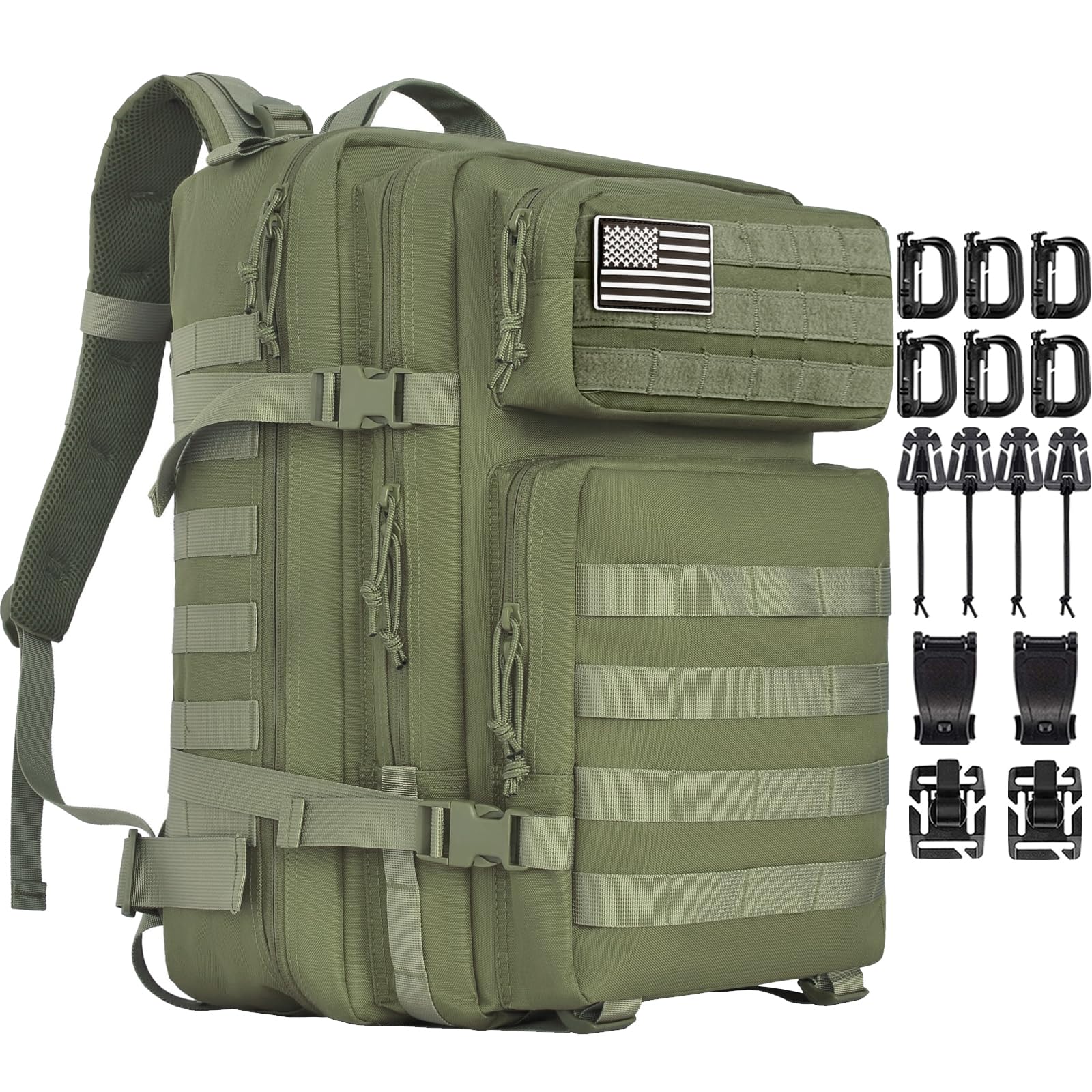Mochila táctica militar, paquete grande de 3 días de asalto 45L, equipo para transportar carga, ligero y modular (personalizable), Verde, L