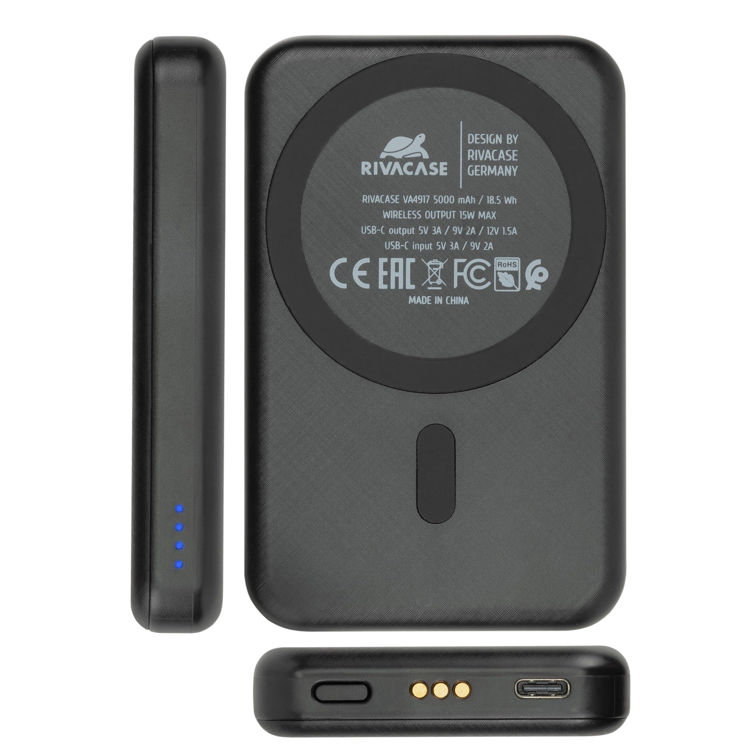RIVACASE VA4917 Cargador inalámbrico Qi 15 W con batería externa con QC/PD 5000 mAh función de carga rápida, batería externa integrada extraíble