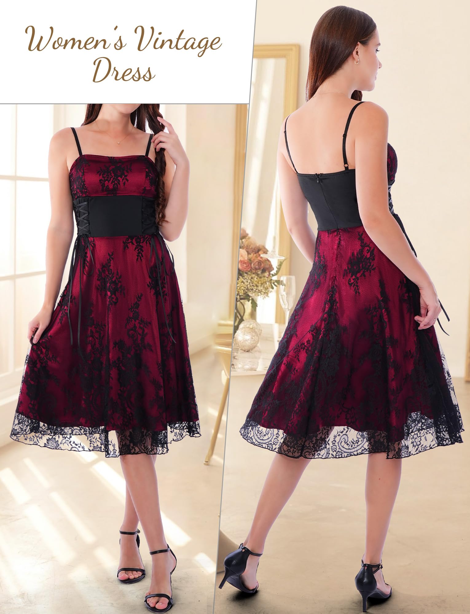 Womens Gothic Vintage Gowns Victorian Mesh Flowy Costumes Spaghetti Strap Bride Wedding Dress Medieval Western Outfit Lace Vampire Dresses Wine Red S - Image 3