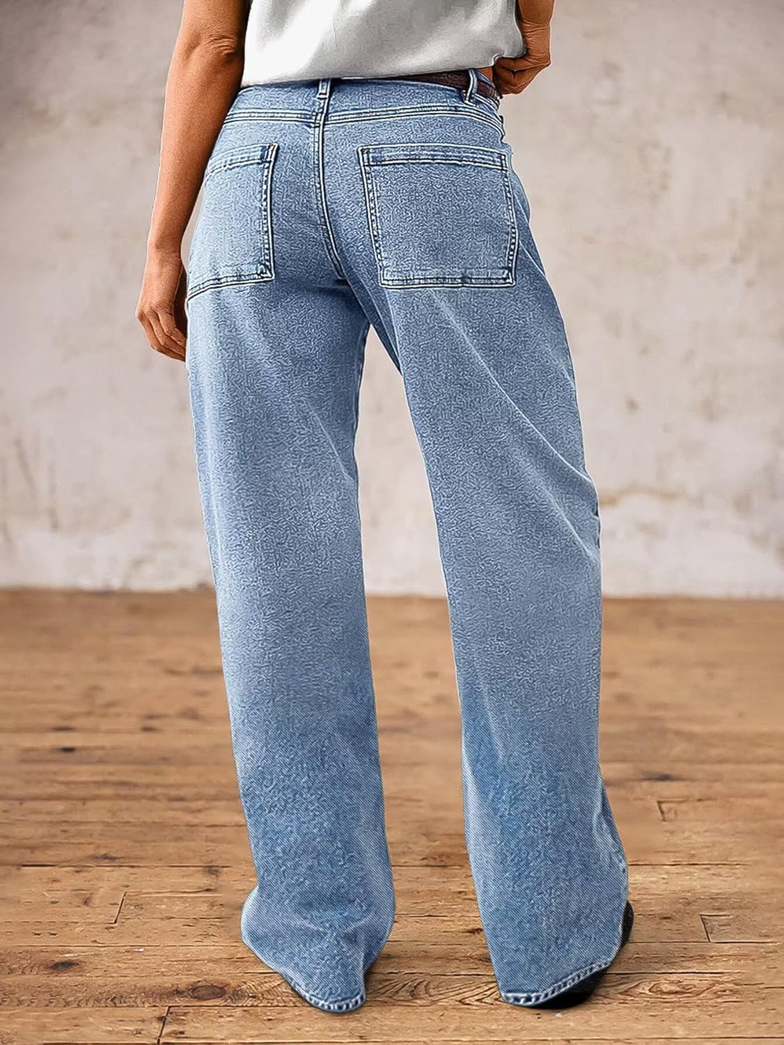 Flamingals Straight Leg Jeans for Women Trendy Mid Rise Stretchy Patch Pocket Baggy Jeans Casual Without Belt