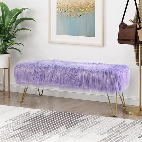 Miniatura 18 de Banco otomano de piel sintética de felpa suave azul para entrada, reposapiés peludo, 46 x 16 x 17 pulgadas, banco largo resistente para dormitorio,