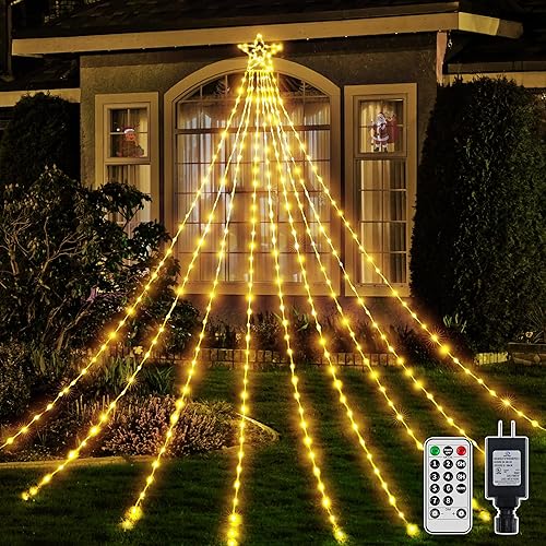 Ollny Luces de Navidad para exteriores, 352 LED, 11.5 pies, luz blanca cálida para árbol de Navidad con control remoto enchufable, 8 modos IP67