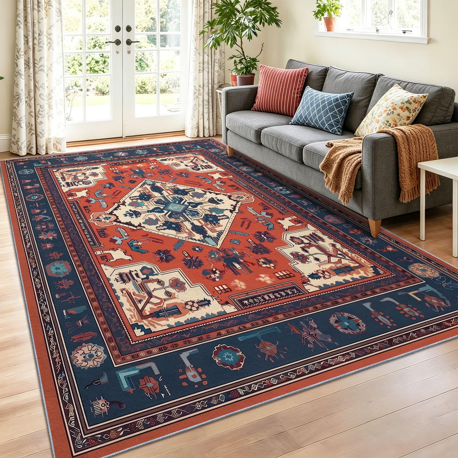 Teppich Wohnzimmer 120 x 160 cm Waschbarer Klassisch Amerikanisch kurzflor rutschfest Weich Vintage-Muster Klassisch Rot-Blau Teppiche für Schlafzimmer Küchen Esszimmer Bedroom Living Room, Rot
