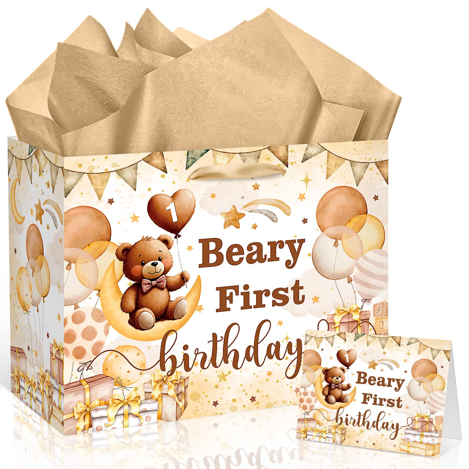 Beary First Birthday Decorations for Boys Girls Beary 1st Birthday Gift Bags with Tissue Paper Greeting Card Bear Birthday Decor for Kids Cute Bear Baby Shower Wrapping Paper Party Favors Decor โ image 1