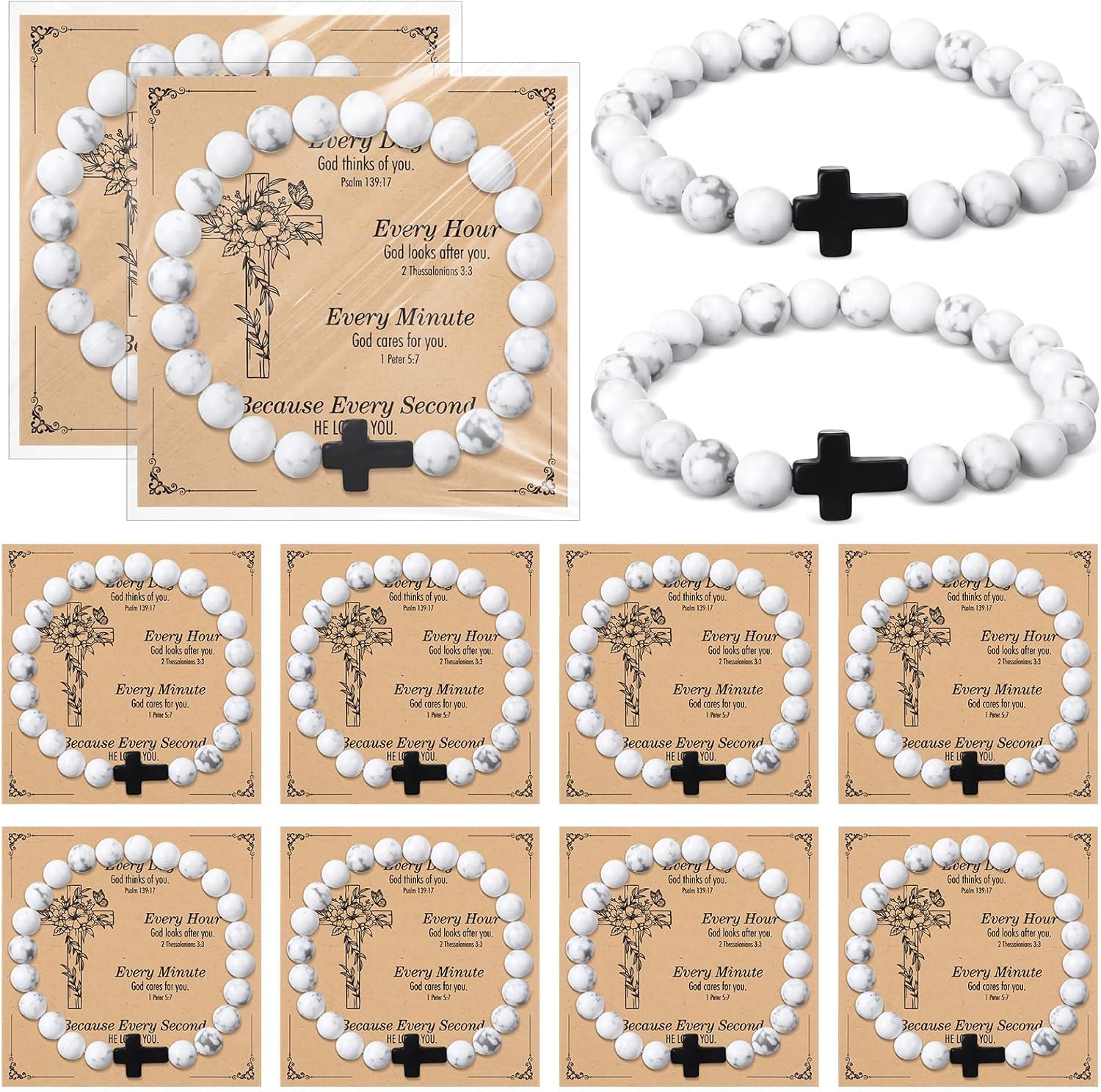 Highergo 12 Sets Christian Cross Beaded Bracelets Bulk for Women Natural Stone Religious Bracelet Church Mothers Gift
