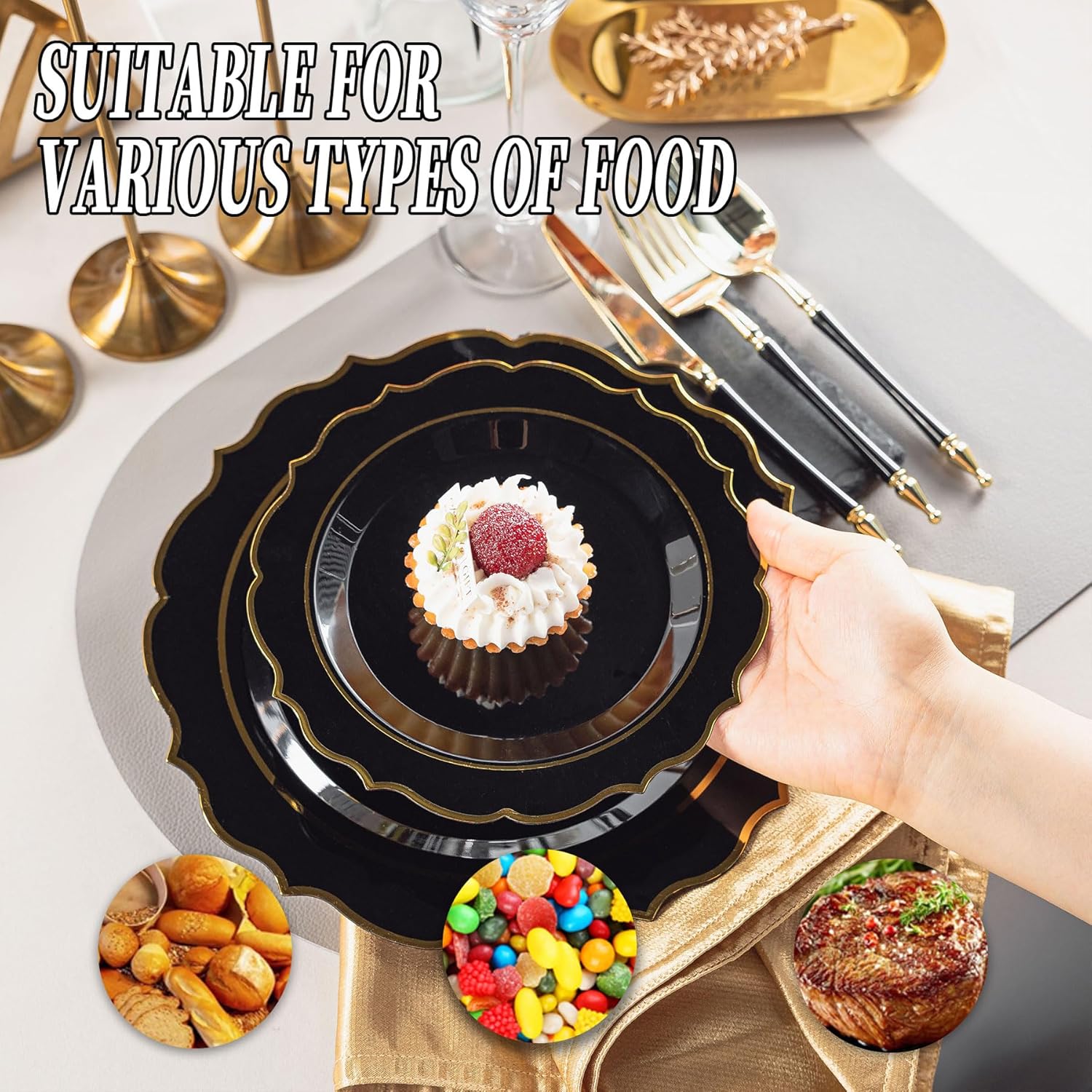120PCS Black Plastic Plates, Disposable Elegant Party Plate with Gold Rim, Heavy Duty 60 Dinner and 60 Dessert Fancy Plates for Party and Wedding - Image 6