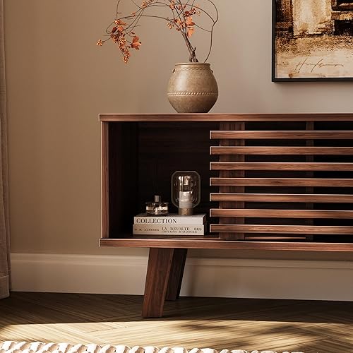 Miniatura 3 de Soporte de TV moderno Mid-Century para TV de 50/55/60 pulgadas, centro de entretenimiento retro con armario de almacenamiento y puerta corrediza,