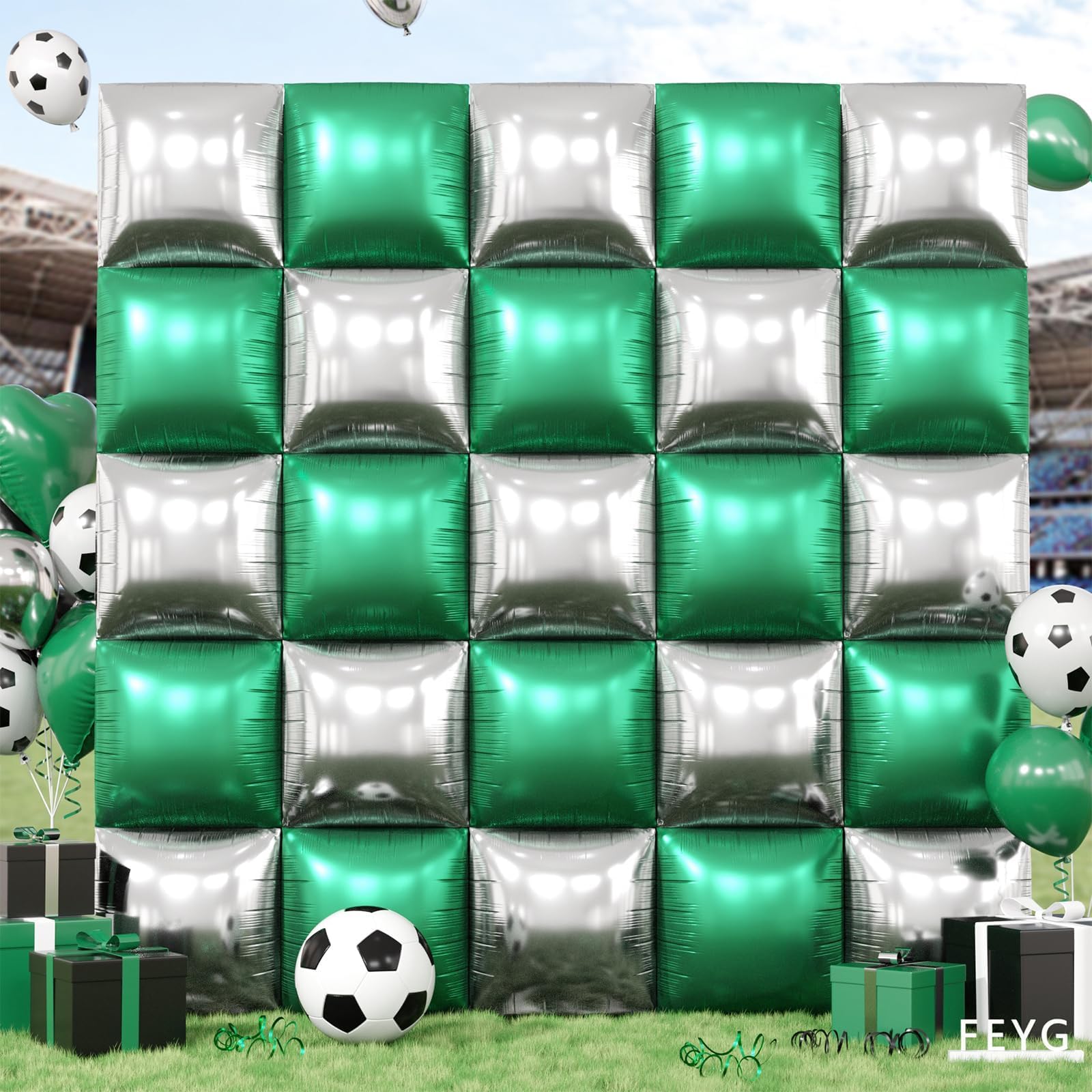 Metallic Green Silver and Black Soccer Square Foil Balloons Wall,19 Inches Foil Balloons Tunnel Arch Garland Kit for Boy Sports Soccer Theme Birthday