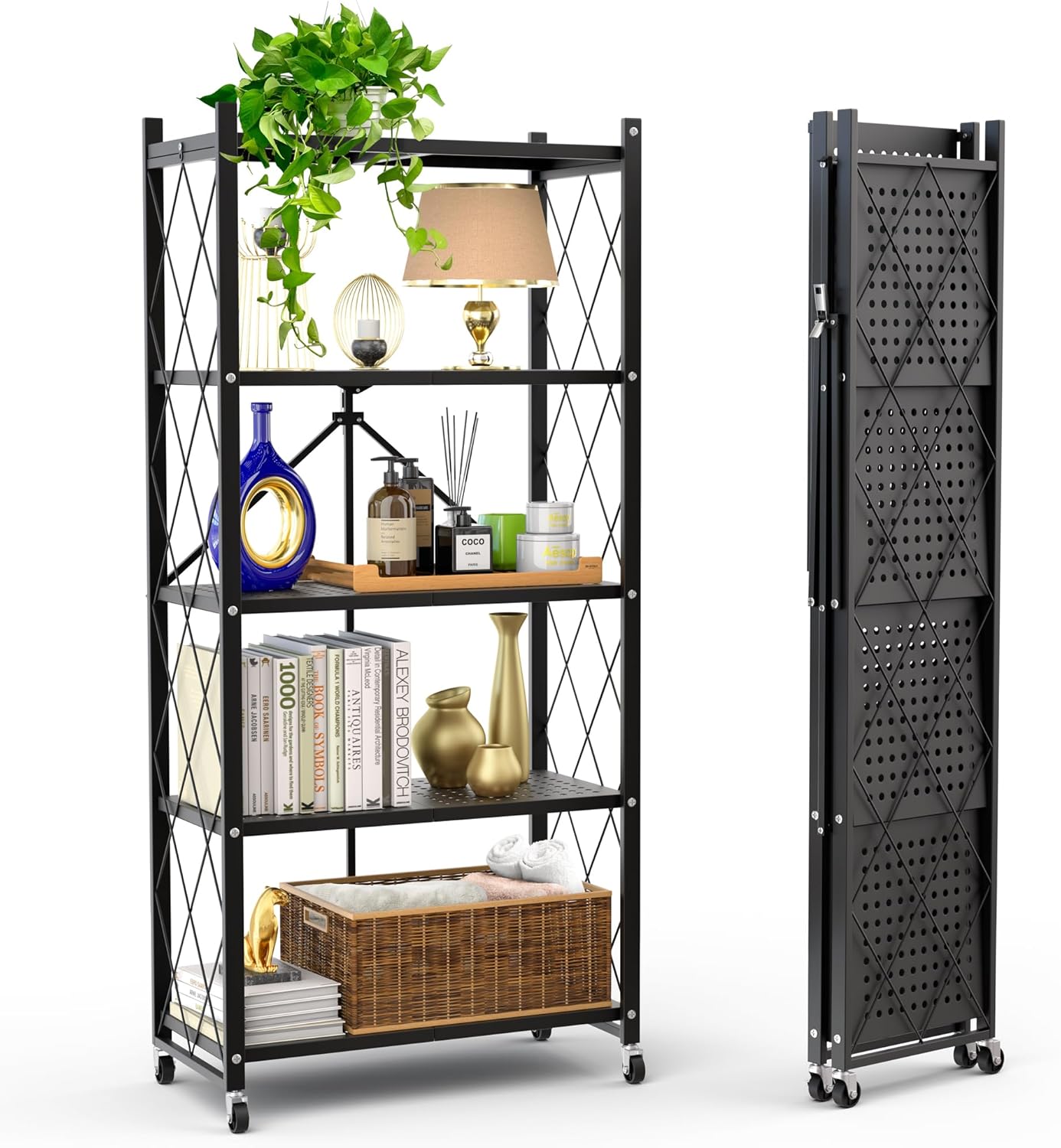 5-Tier Foldable Storage Shelf with Wheels | Metal Rack Collapsible Shelving Display | Rolling Cart for Books Kitchen Storage Shelves | Pantry & Closet Organizer | Office Room Decor