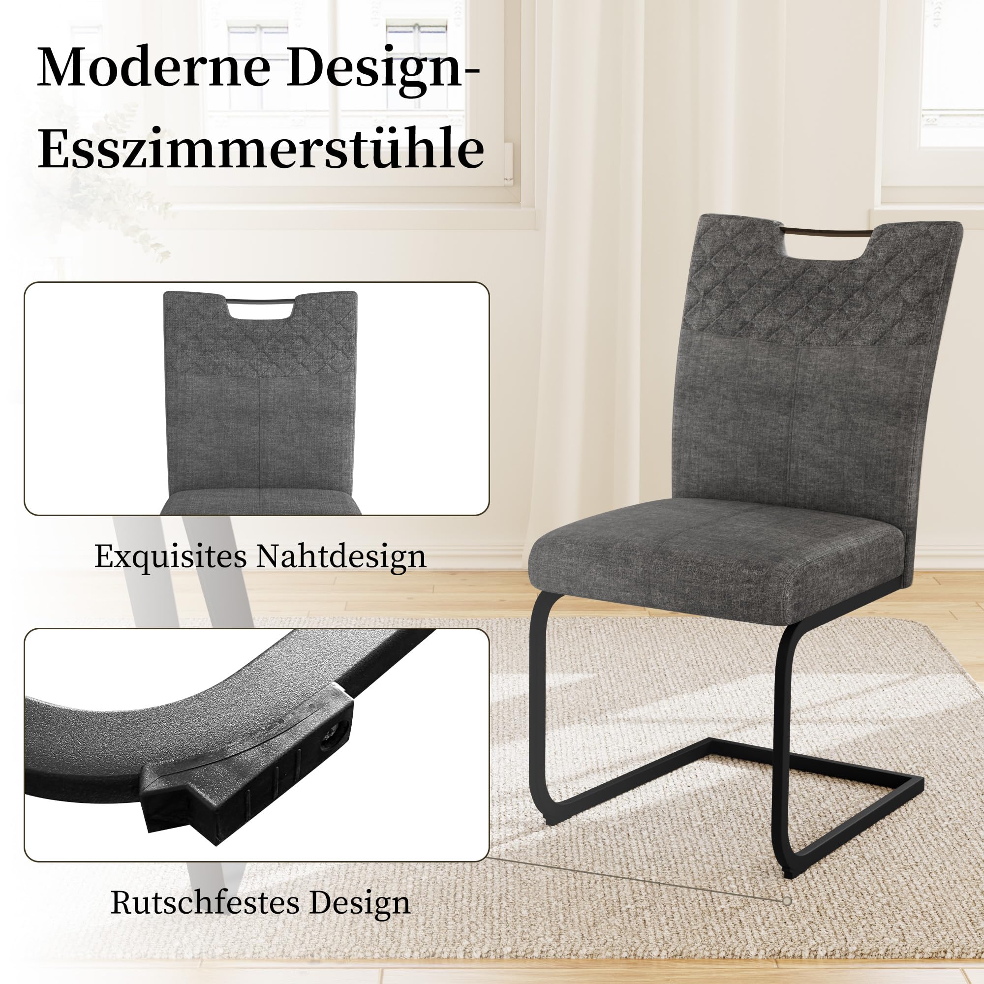 JIEXI Freischwinger Esszimmerstühle 4er Set – Schwingstuhl Stuhl Mit Stoffbezug, Gesteppter Rückenlehne & Metallgestell, Küchenstuhl/Essstuhl Modern, Bequem & Stabil (4 Graue Stühle)