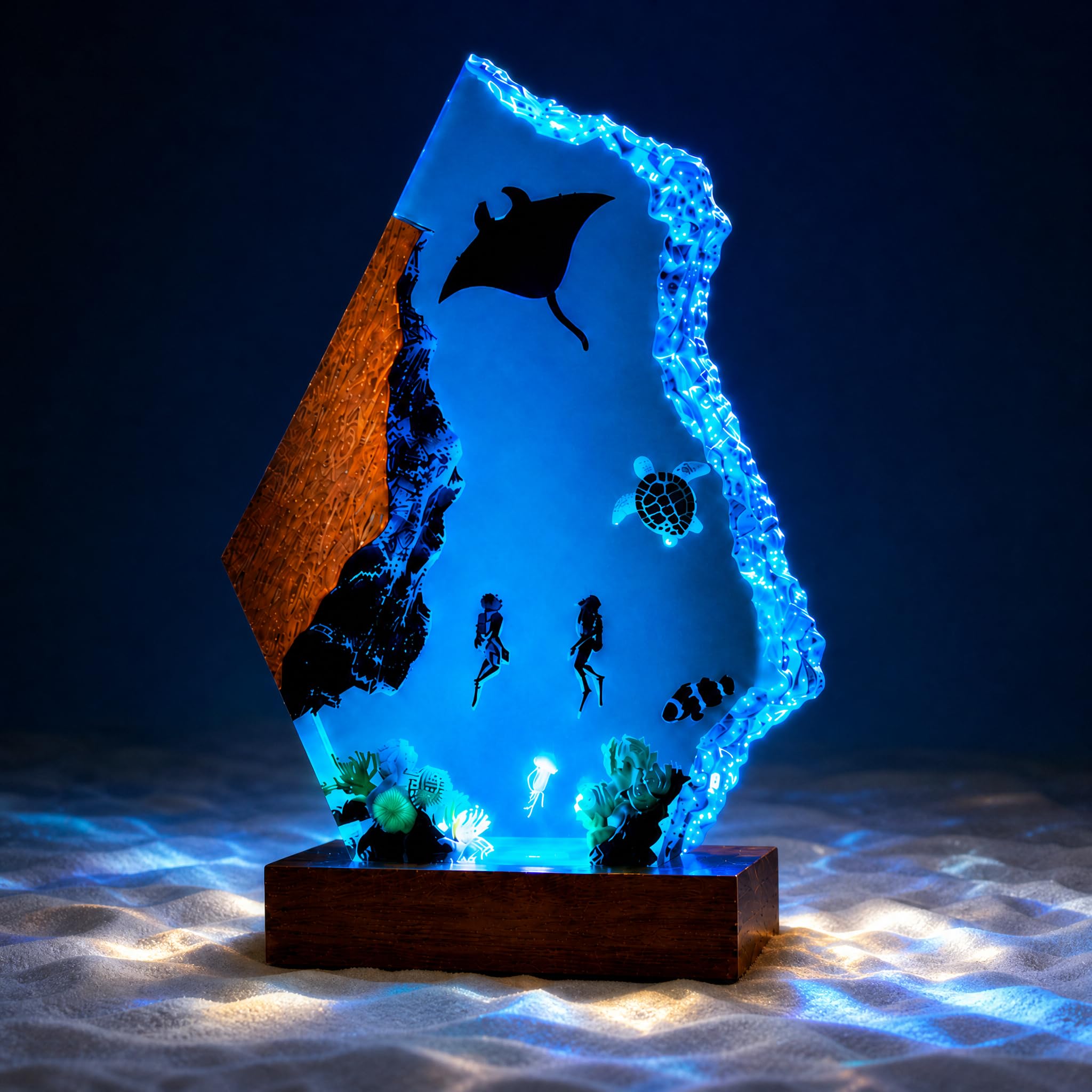 Epoxidharz Lampe Ozean Nachtlicht,3D Harz Ozean Tier Figuren Ornamente,Nachttischlampe mit Holzsockel, Mehrfarbige LED Meerwasser DekoLampe mit USB-Kabel,Schlafzimmerlampe für Meeresliebhaber