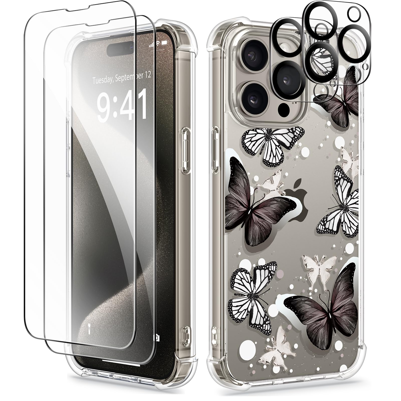 GVIEWIN Case Compatible with iPhone 15 Pro Max 6.7" 2023,with Screen Protector+Camera Lens Protector,Non-yellow Flower Clear PC Slim Shockproof Anti-Scratch Protective Cover (Butterfly/Black)