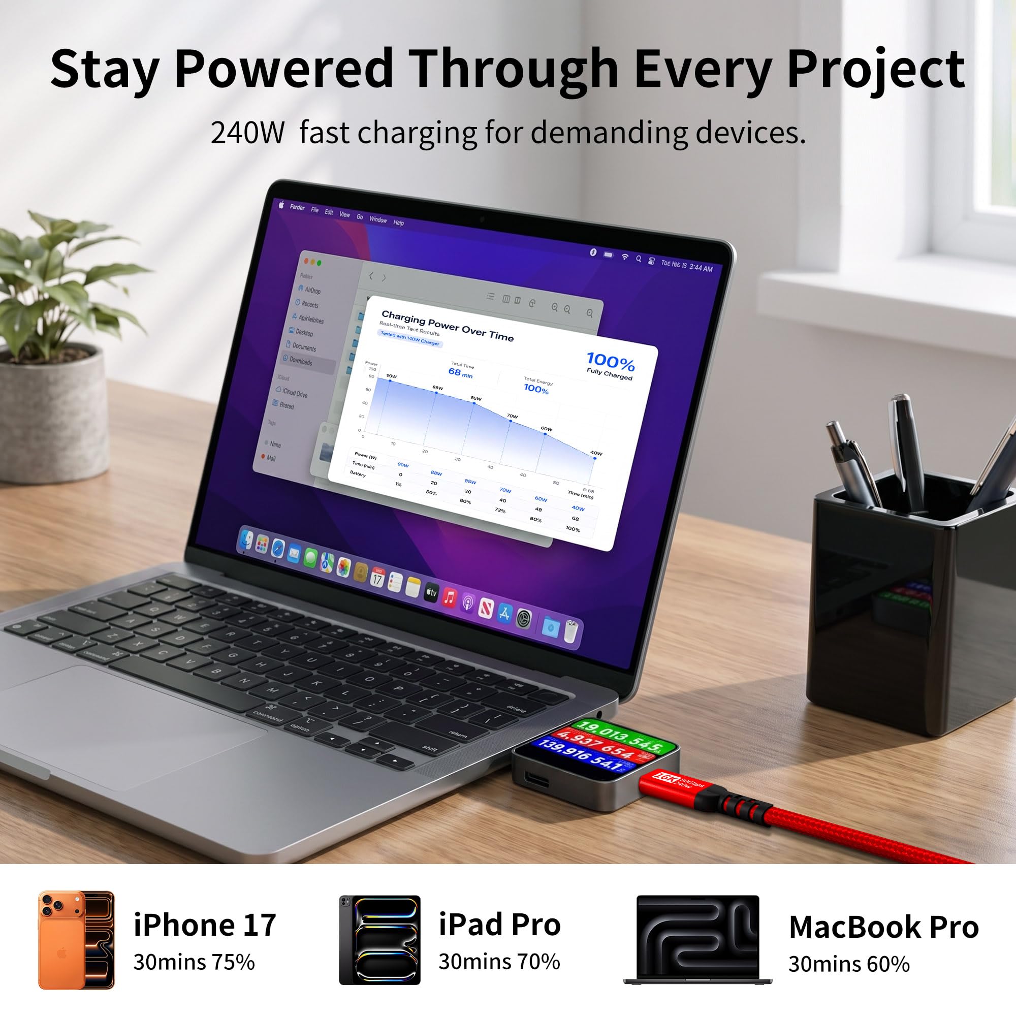 Transfert de données haute vitesse 80 Gbit/s pour câble Thunderbolt 5 rouge, bande passante vidéo 120 Gbit/s [double 8K ou triple 4K], charge 240 W, câble de moniteur USB C pour MacBook, iPhone 17