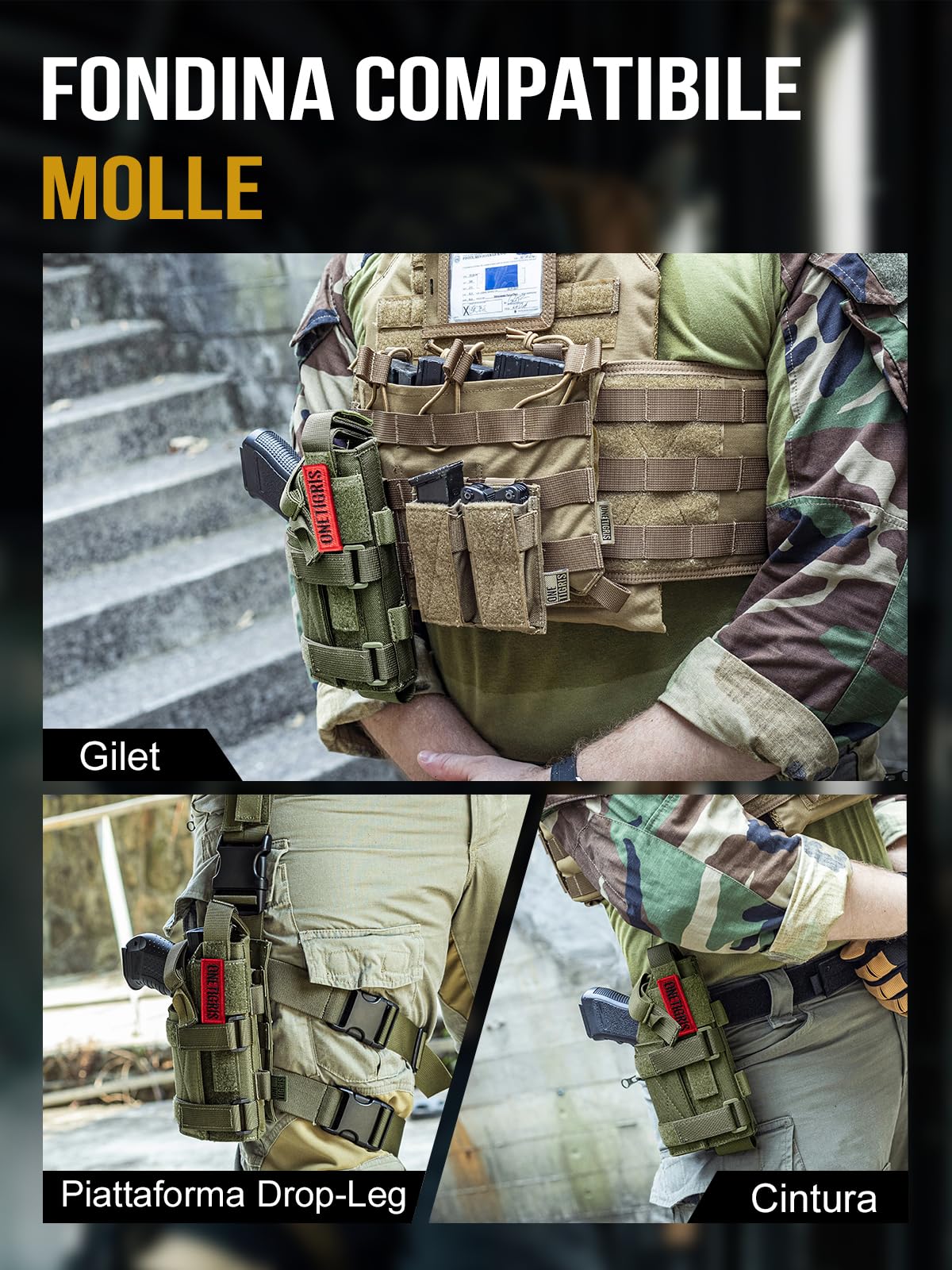 OneTigris Fondina Pistola Universale MOLLE – Compatibile con 17/19/20/21, Nylon 1000D, Regolabile (Destrimani) Fondina Cosciale & da Cintura per Softair, Paintball e Addestramento Tattico