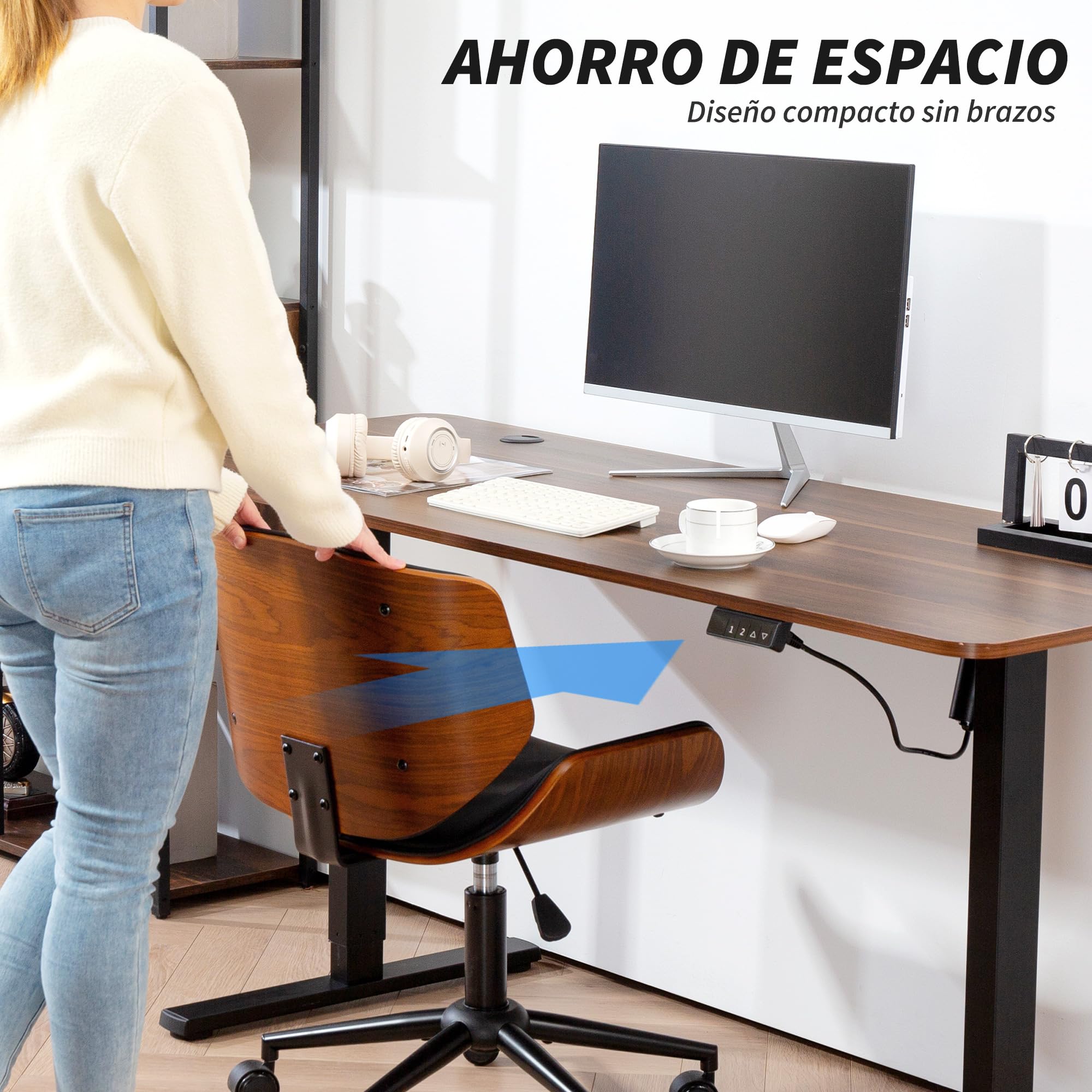 HOMCOM Silla de Oficina sin Brazos Vintage Giratoria Negro y Marrón | Silla de Escritorio, Tapizada en PU, Madera Curvada, Altura Ajustable, Respaldo Curvado