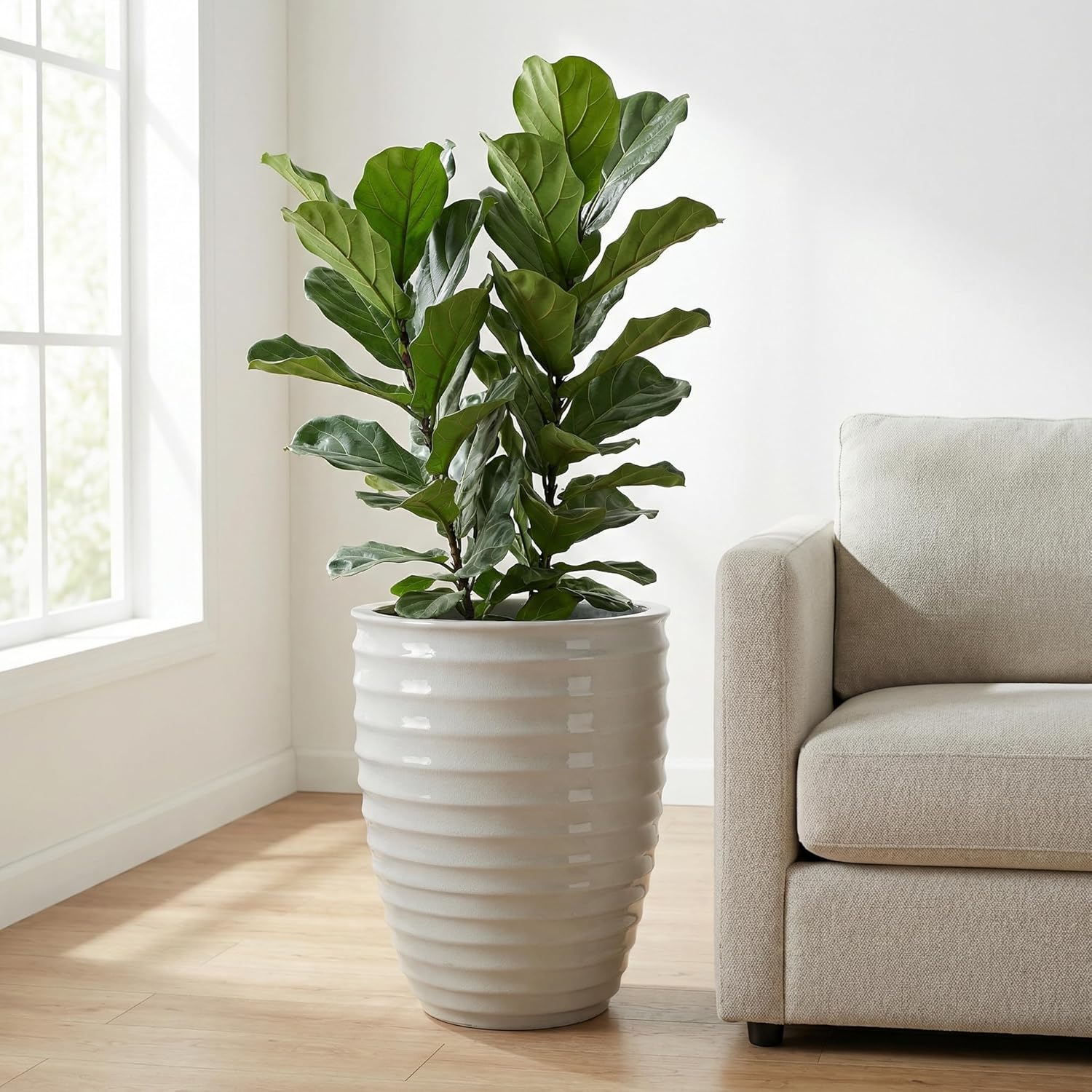 16.5 Inch Large Ceramic Planter, Tall Plante Pots Decorative Flower Pot with Horizontal Ripples & Ice-Crack Pattern and Drainage, Indoor & Outdoor Planters for Fiddle Leaf Fig, Milk White