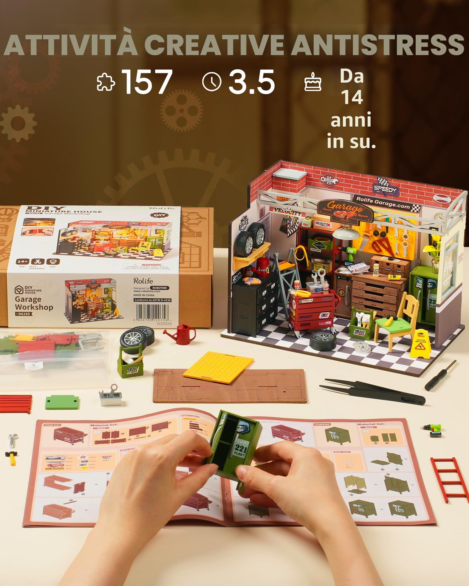 Rolife Kit Miniatura Casa con Luce LED, Decorazione 3D, Set Modellini per Garage, Workshop Diorama, Fai da Te per Adulti e Festa del Papà