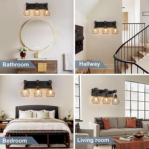 Miniatura 7 de Lámparas de baño de granja, lámparas de baño de 3 luces sobre el espejo, luces de tocador de madera rústica, negro dorado, apliques de pared con