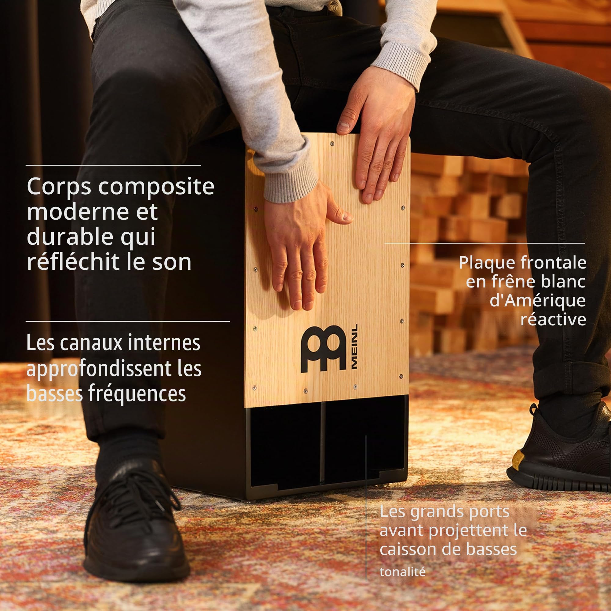 Meinl Percussion Subwoofer Cajon Instrument - Grande drum box avec 2 rosaces projetant le son - Surface de jeu American White Ash (SUBCAJ1AWA)