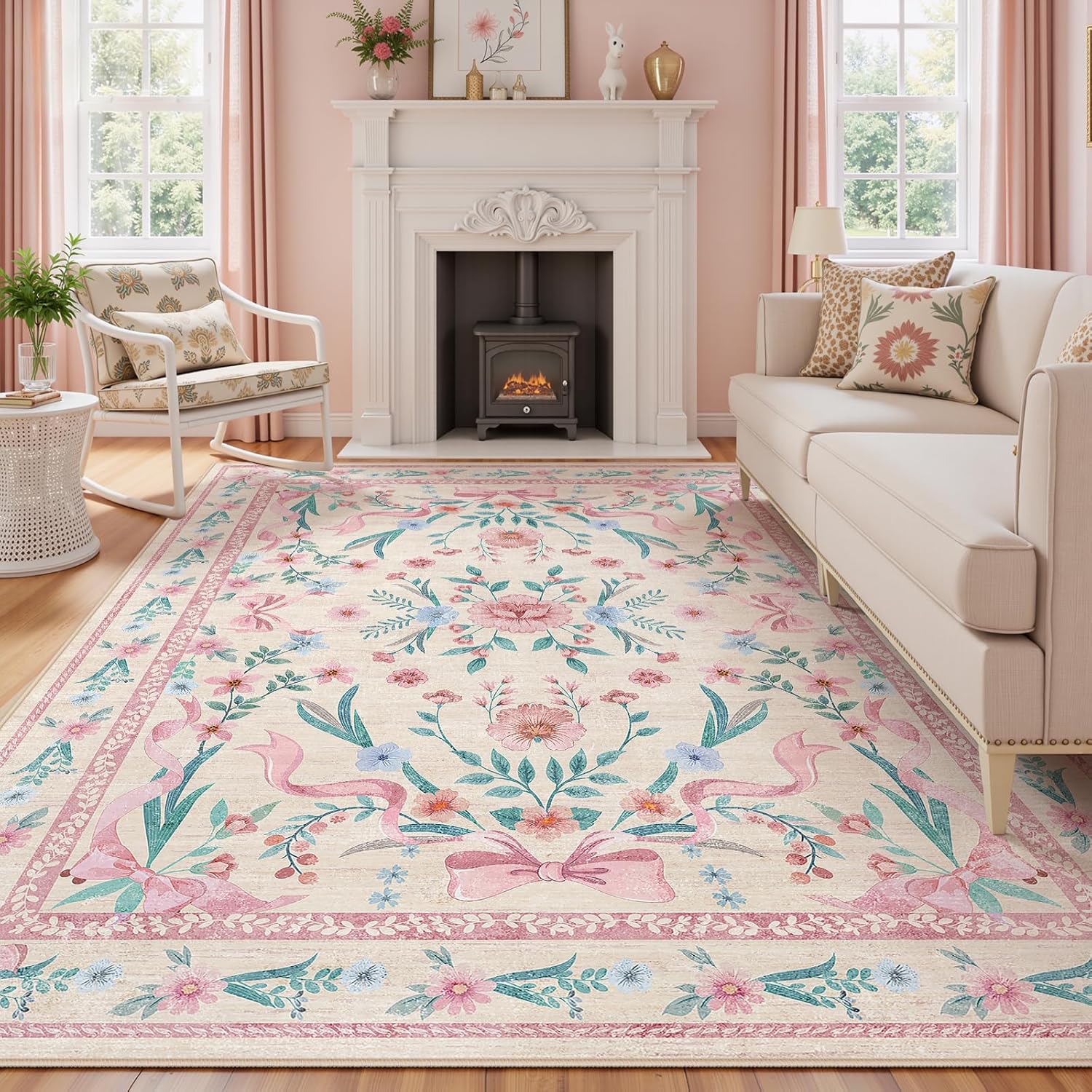 Coquette Pink Bow Rug 5x7, Washable Floral Area Rug for Girls Bedroom & Nursery, Soft Low Pile Non Slip Carpet for Kids Room, Dorm, Playroom, Living Room