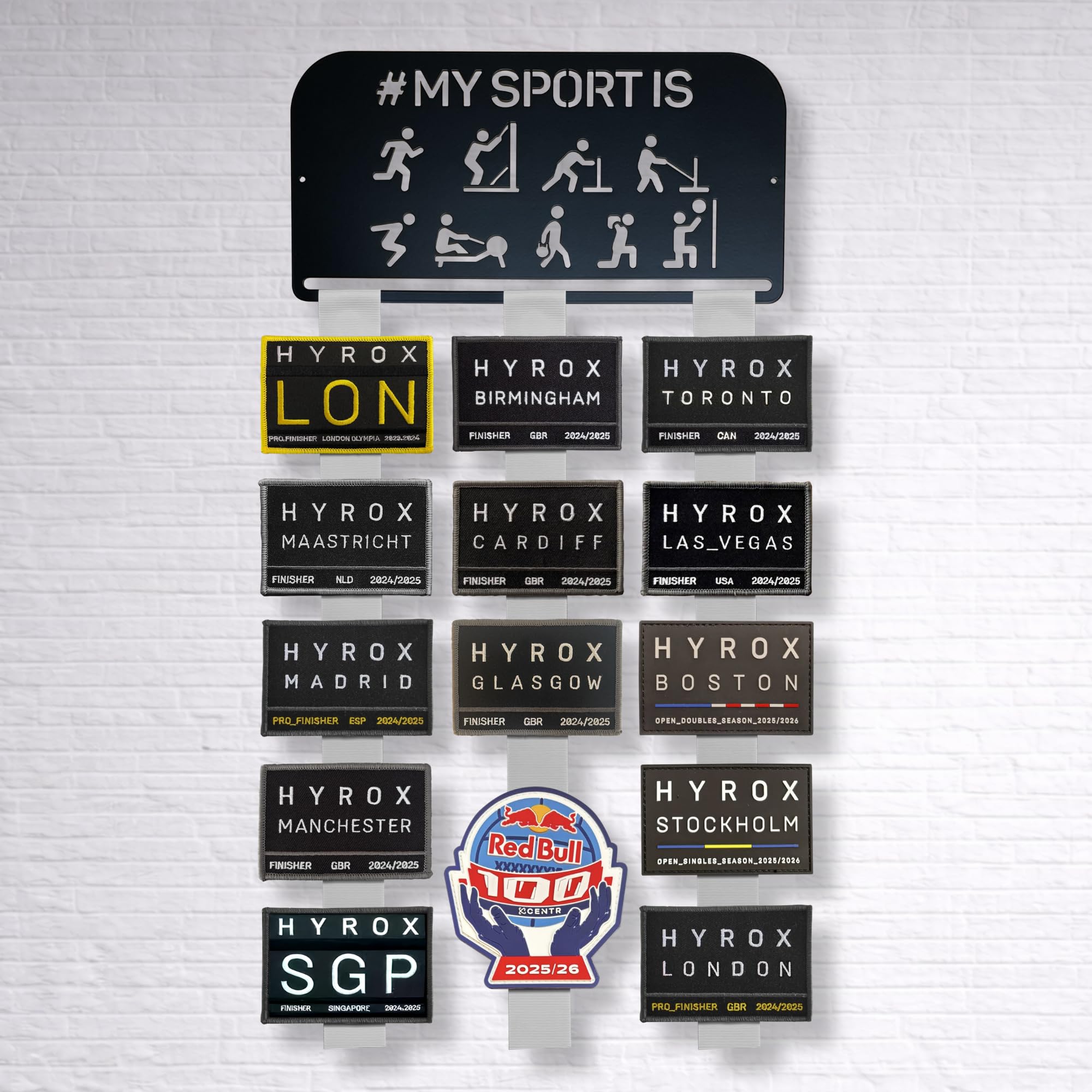 HYROX Patch Display | Schwarzes Metall | Wandmontierter Race Finisher Patch Halter