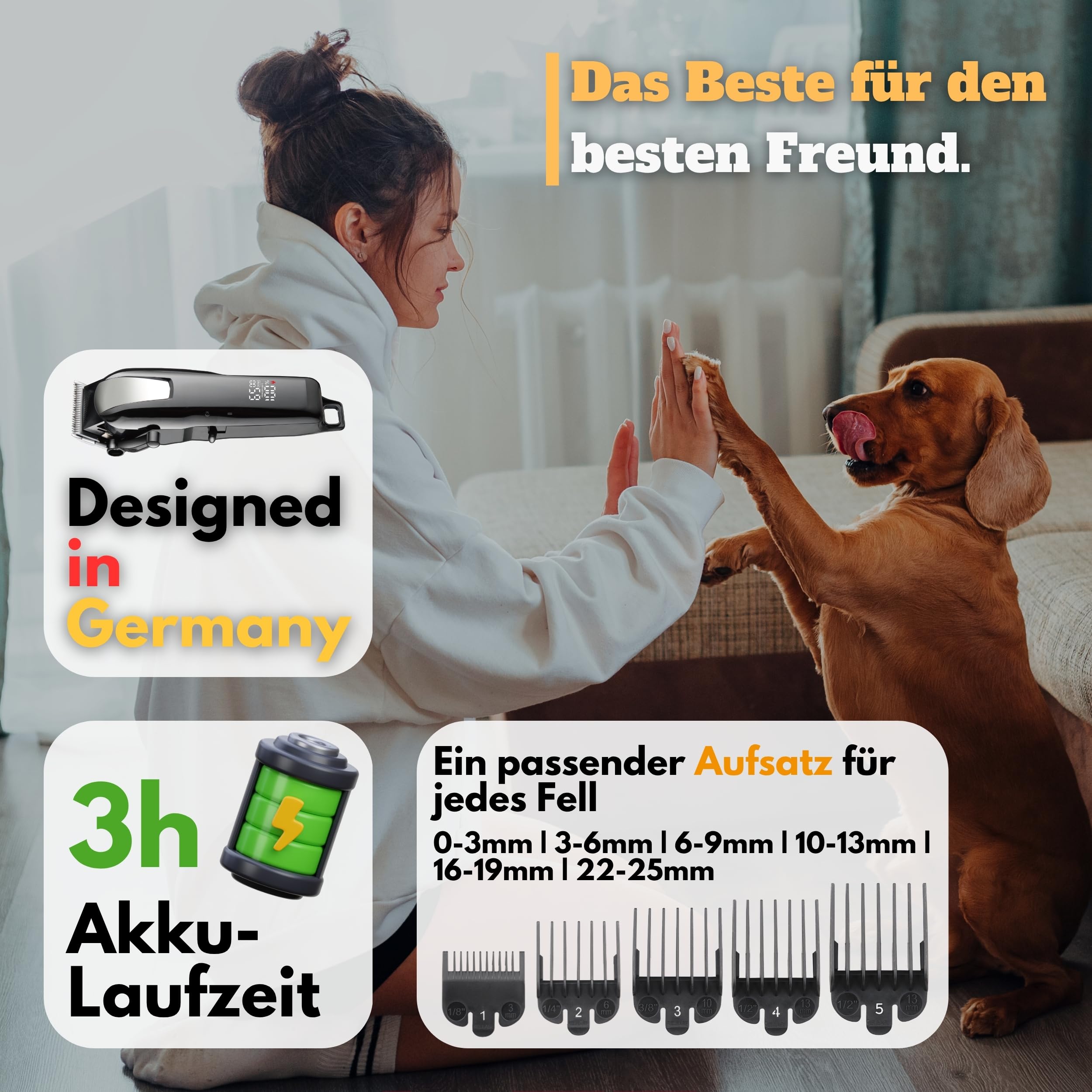 Hundeschermaschine - Leise Profi Schermaschine für Hund Katze Pferd dichtes Fell - Hundetrimmer Hunde-Haarschneidemaschine Hunderasierer - 3h Akku