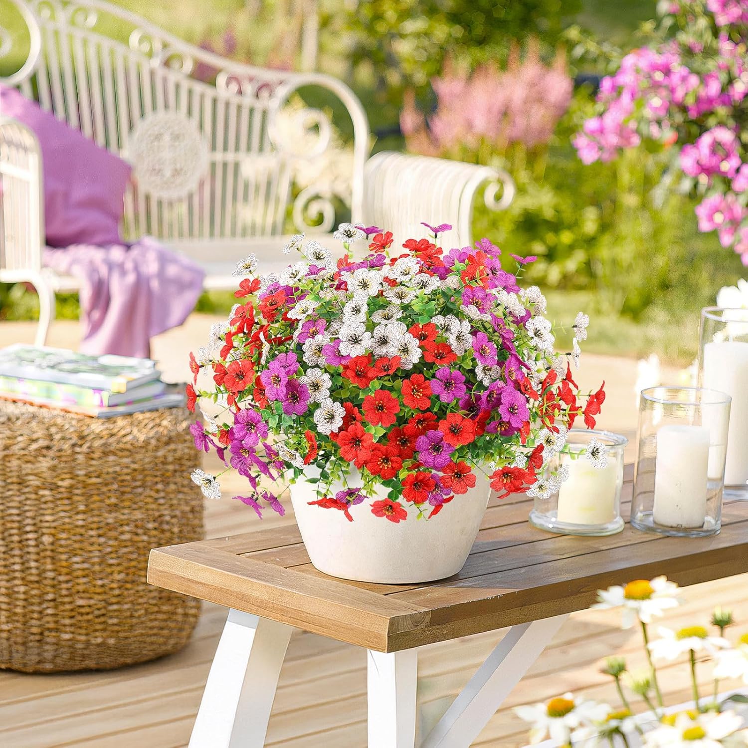 Artificial Spring Flowers Outdoors Faux Plants UV Resistant Plastic Flowers Outdoors Fake Greenery Plants Outside for Garden Porch Planters Silk Flowers Daisy Decor, 12 Bundles (Mix White Red Purple) - Image 3