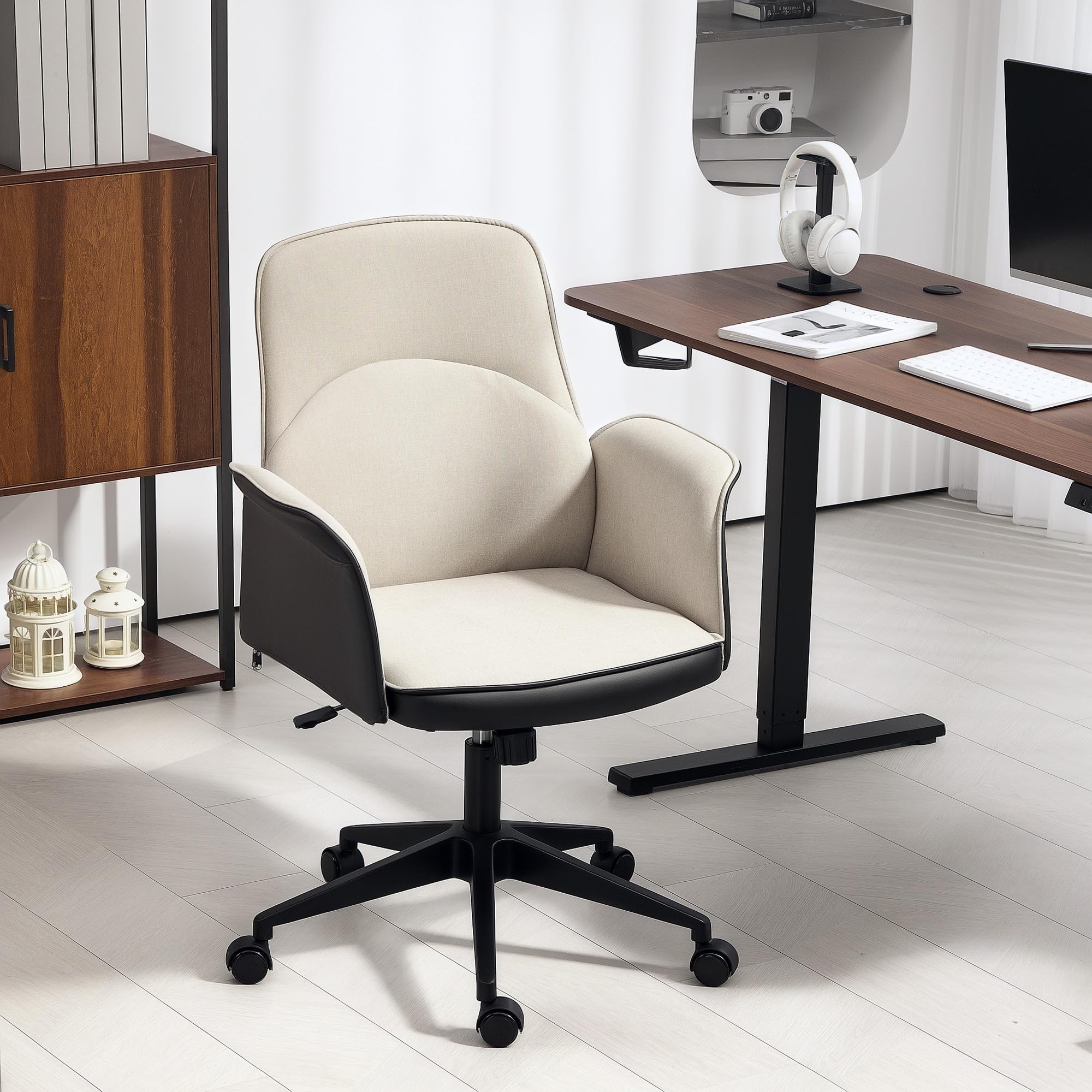 HOMCOM Silla de Oficina Basculante Silla de Escritorio Giratoria Tapizada en PU y Lino Altura Ajustable Reposabrazos Silla de Estudio Carga 120 kg Beige y Negro