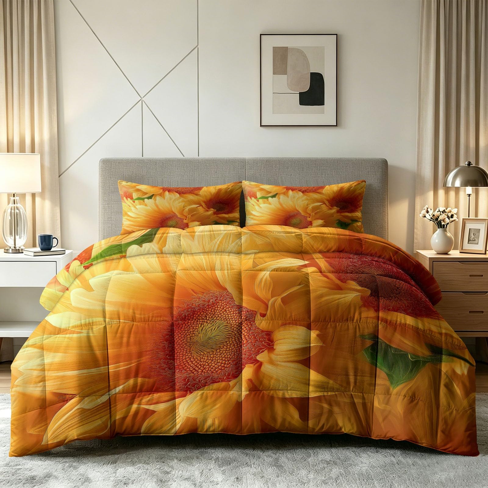 Piumino 200 x 200 cm, 4 stagioni, morbido e anallergico, senza rivestimento, con motivo floreale, girasoli e foglie verdi, leggero e lavabile, per tutto l'anno, con 2 federe