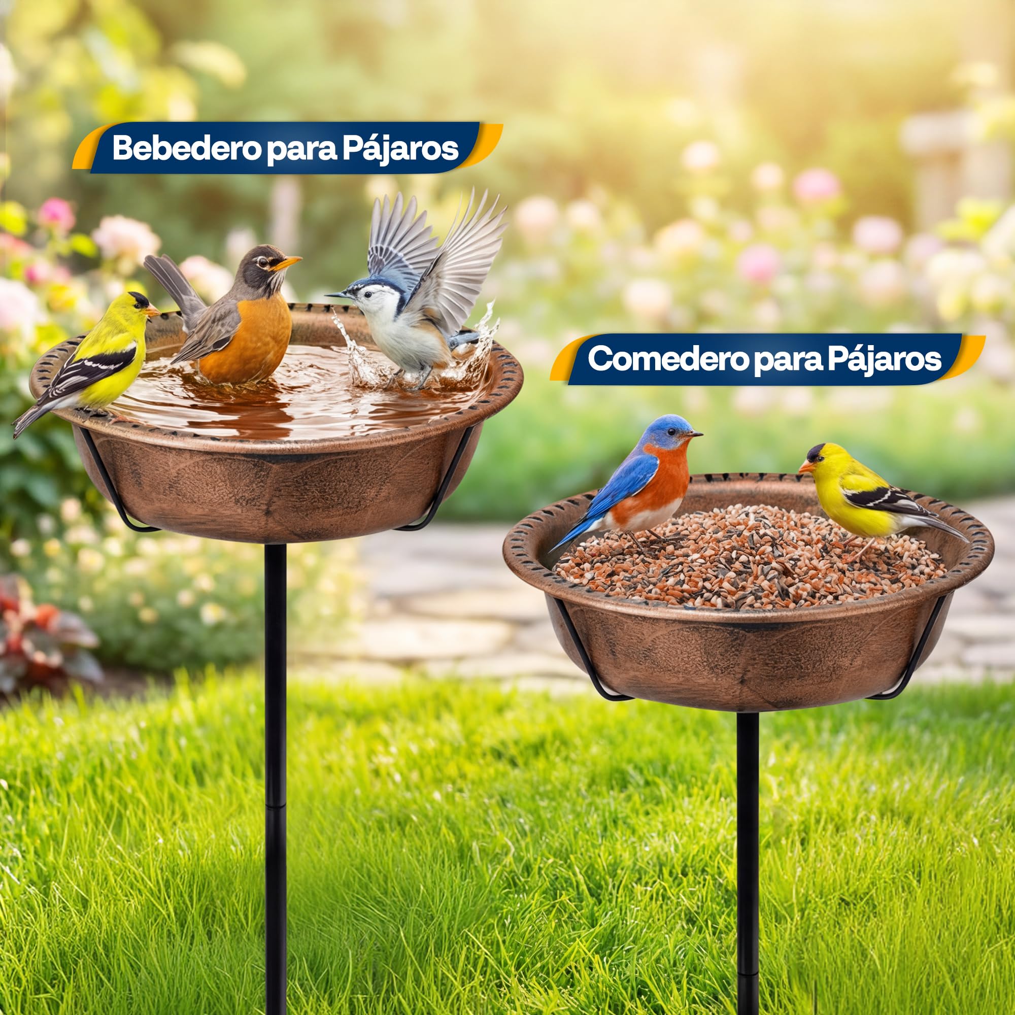 VIVOHOME Baño para Pájaros Exterior, Cuenco Desmontable con Base 4 Puntas, Baño y Comedero para Jardín y Césped (Bronce)