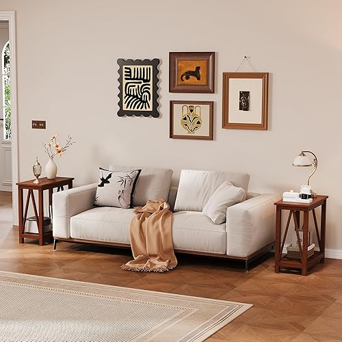 Miniatura 2 de ChooChoo Juego de 2 mesas auxiliares rústicas vintage con estante de almacenamiento para espacios pequeños, mesita de noche para sala de estar,