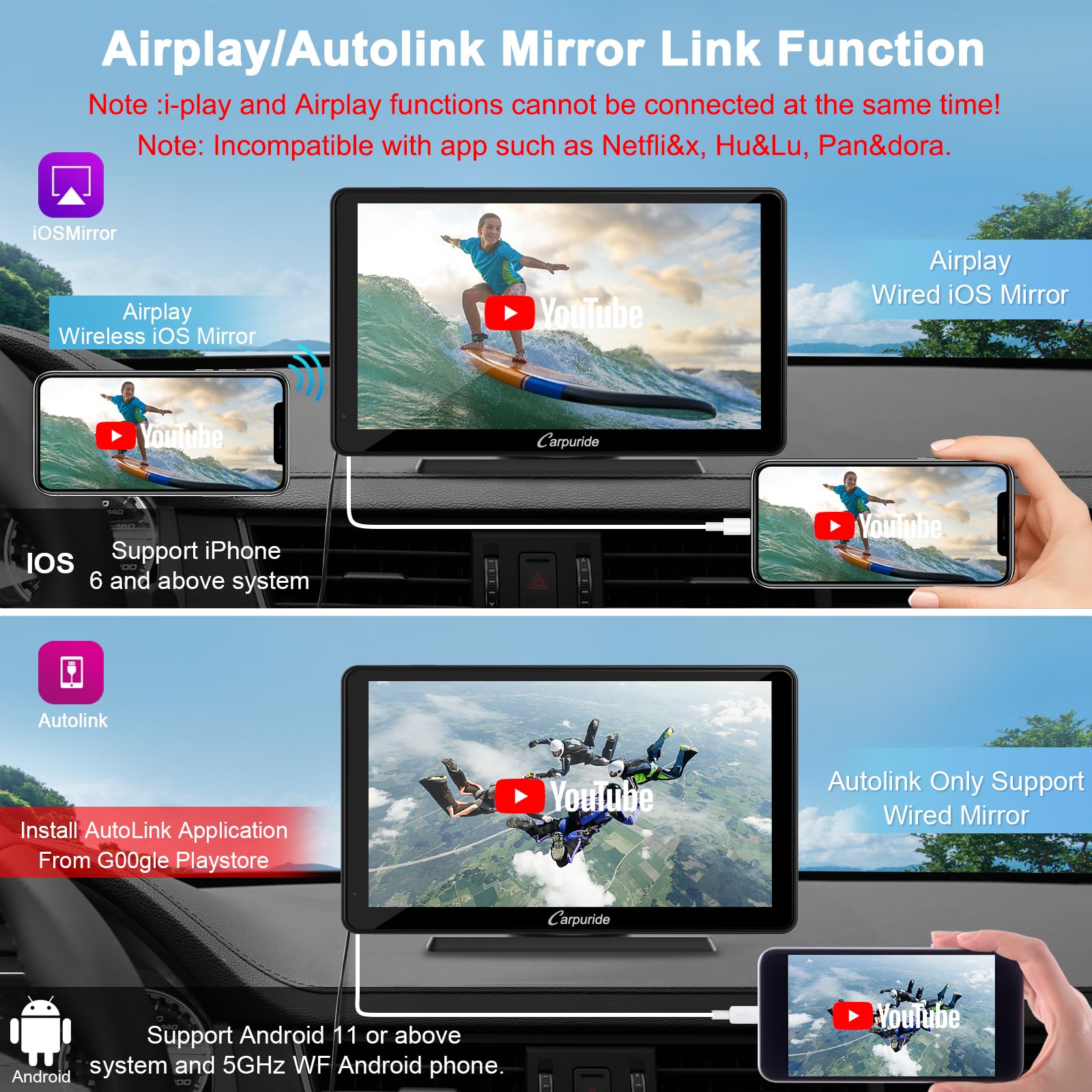 Carpuride C3 Auto Carplay Schermo 7 pollici | Wireless Carplay & Android Auto, Portatile HD Touchscreen con AirPlay Link Specchio, Bluetooth, Navigation, Siri, FM/AUX.
