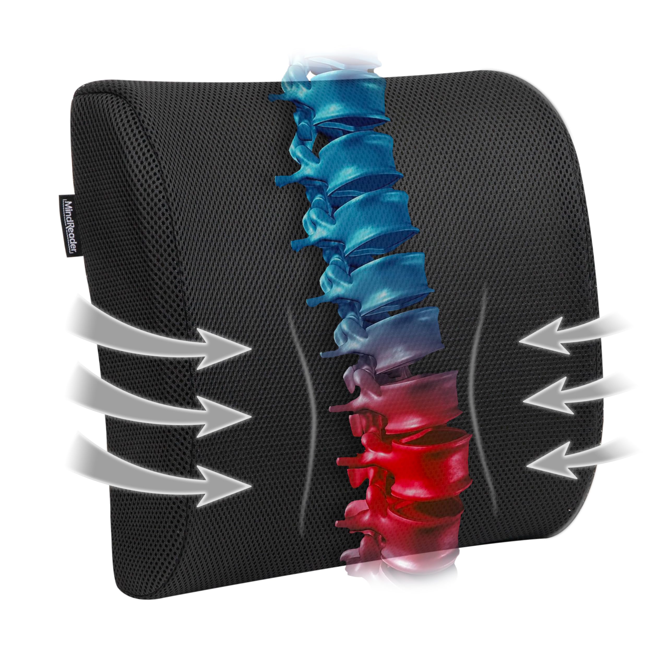 Mind Reader Memory Foam Back Cushion, Lumbar Support, Posture Corrector, Office Chair, Car Seat, 13.5"L x 4"W x 12.25"H, Black