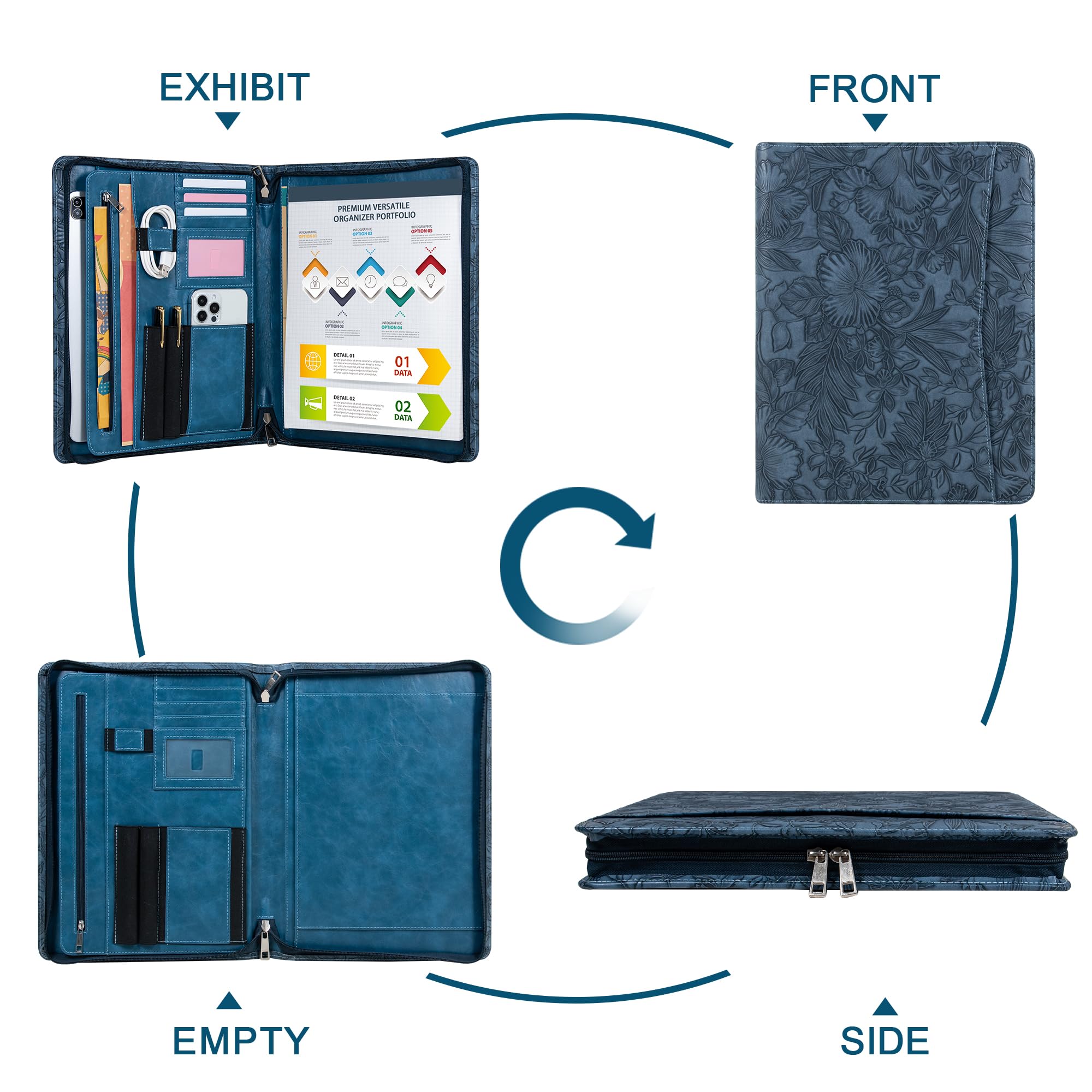 Cartera de piel sintética en relieve para mujer, organizador profesional de 3 anillos con soporte para bloc de notas A4, organizador profesional de documentos de negocios para mujeres