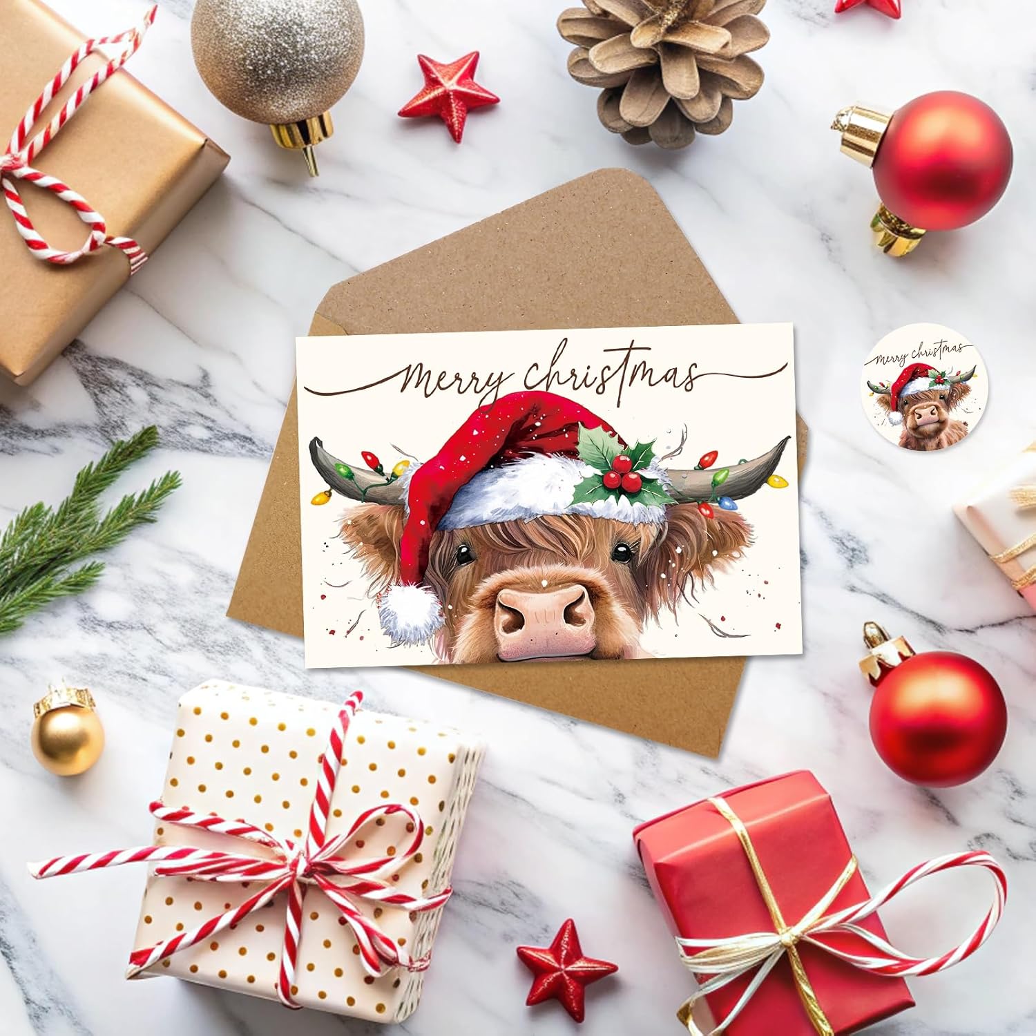 Whaline 36Pcs Christmas Highland Cow Thank You Cards Xmas Hat Brown Cow Note Cards with Envelopes Stickers Merry Christmas Blank Greeting Card for Holiday, 4 x 6 Inch - Image 6