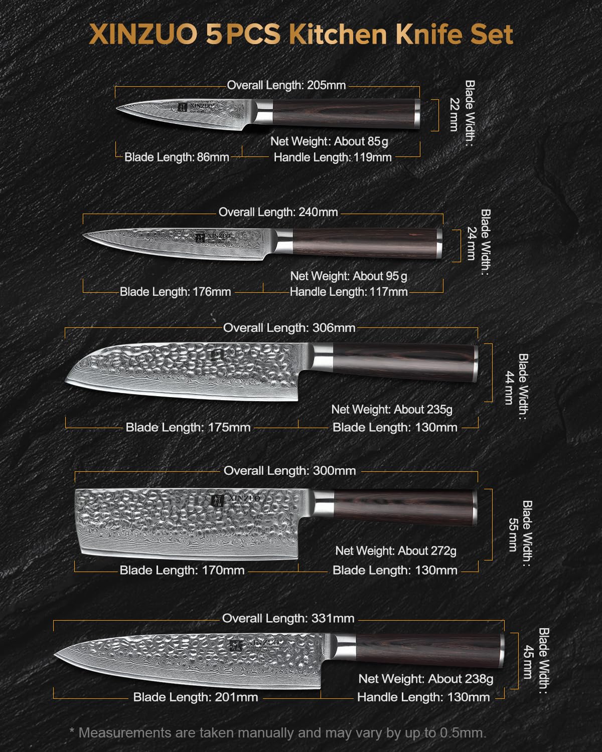 XINZUO 5 Pièces Ensemble de Couteaux de Cuisine Finition Martelée 67 Couches Acier Damas Tranchant Couteau de Chef Santoku Nakiri Universel Fruits Couteaux professionnels -Poignée en Bois de Pakka