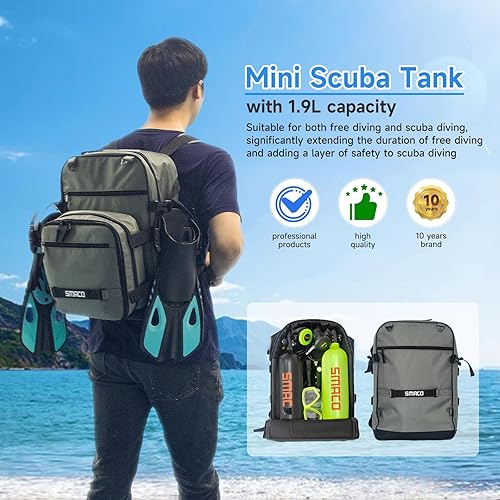 Miniatura 3 de SMACO Mini tanque de buceo 1.9L para buceo en aguas poco profundas, kit de buceo doble, soporte de 25-30 minutos, respiración subacuática, kit de