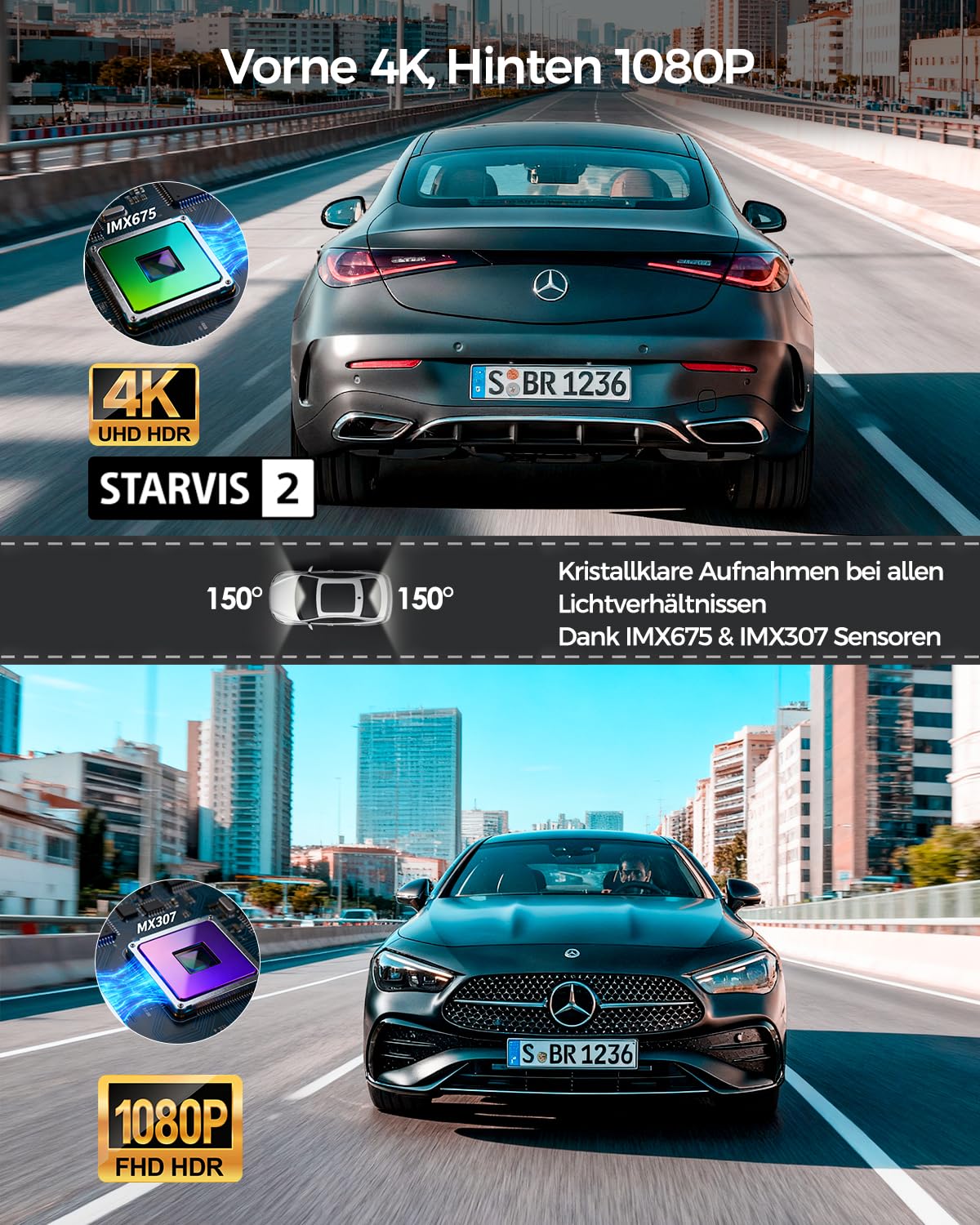 HUPEJOS 4K Dashcam Auto Vorne Hinten, Touchscreen 4 Zoll, STARVIS 2, V100