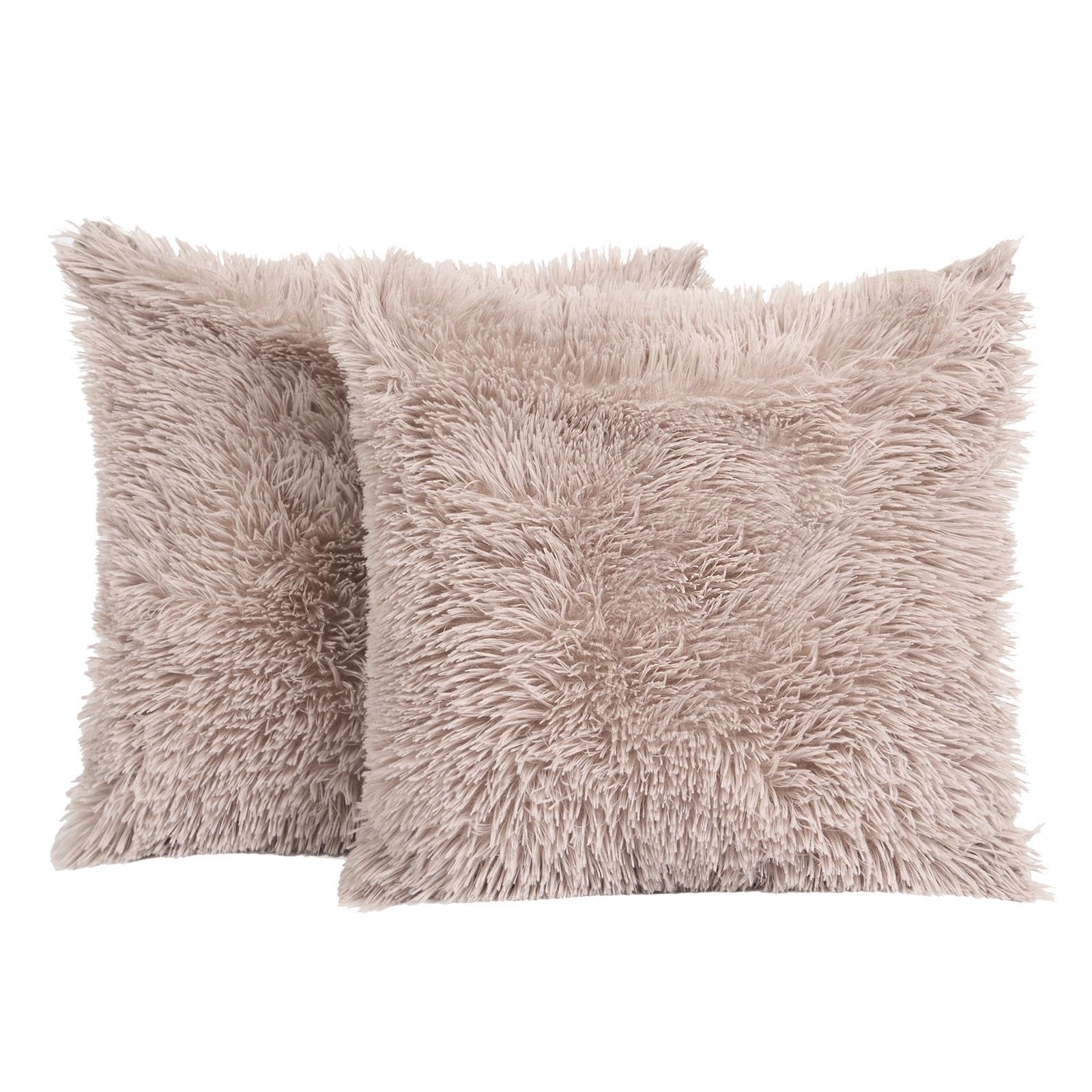 Sienna Natural Brown Cushion Covers Fluffy Throw Pillowcases 2 Pack, Super Soft Comfy Fabric Modern Neutral Stone Luxury Pillow Covers For Livingroom Sofa Bed, 45X45cm-Natural
