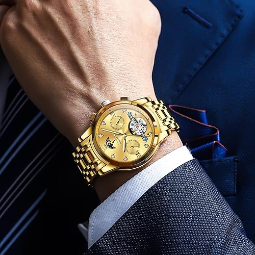 Miniatura 2 de OLEVS Relojes automáticos para hombre, impermeable, vestido de lujo, cuerda automática, esqueleto mecánico, tourbillon, fase lunar, acero