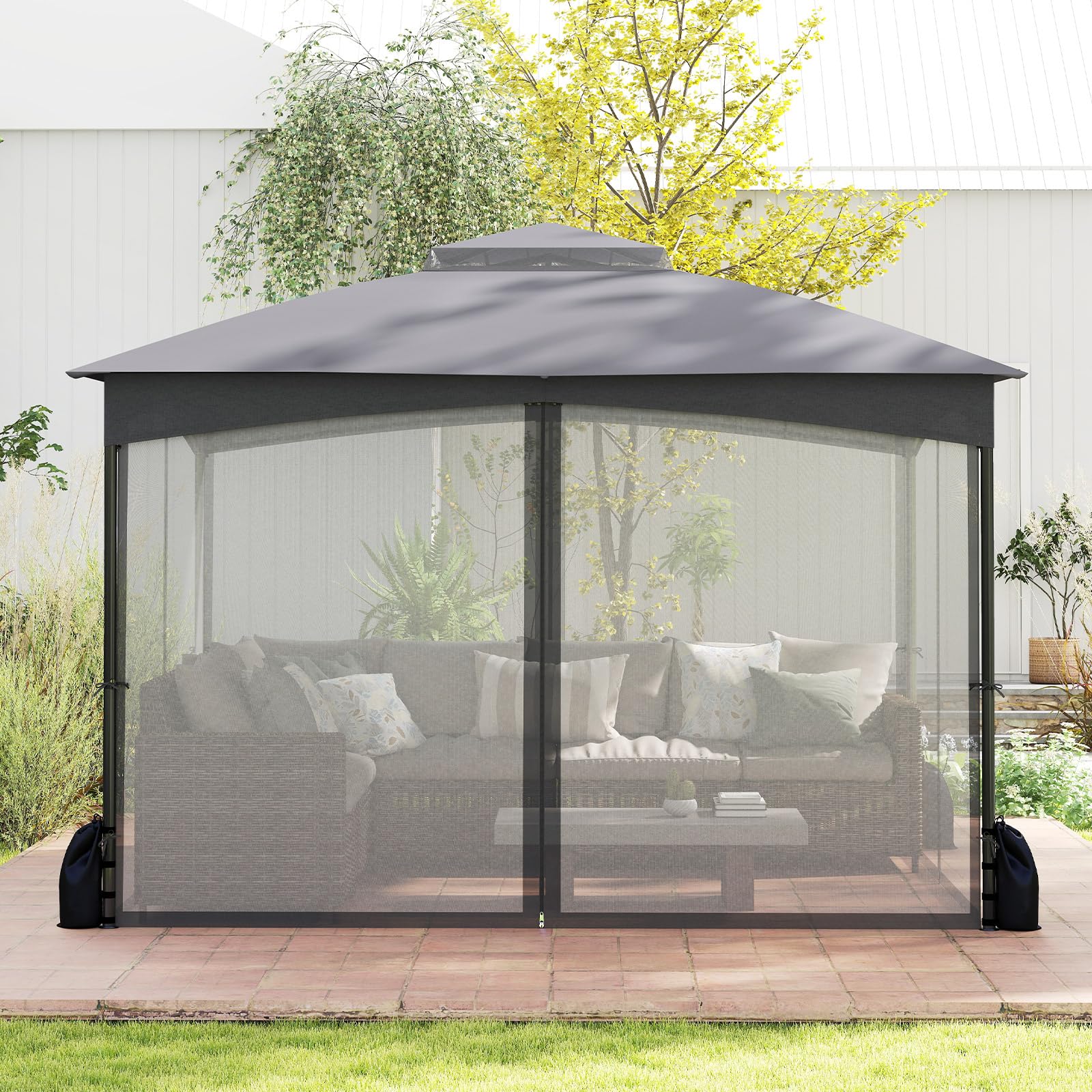 RELAX4LIFE Tonnelle de Jardin Exterieur avec Moustiquaire, Pavillon de Jardin, Protection Solaire, Cadre Métallique, Sacs de Sable, Montage sans Outil, Tente de Reception pour Terrasse Patio (Gris)