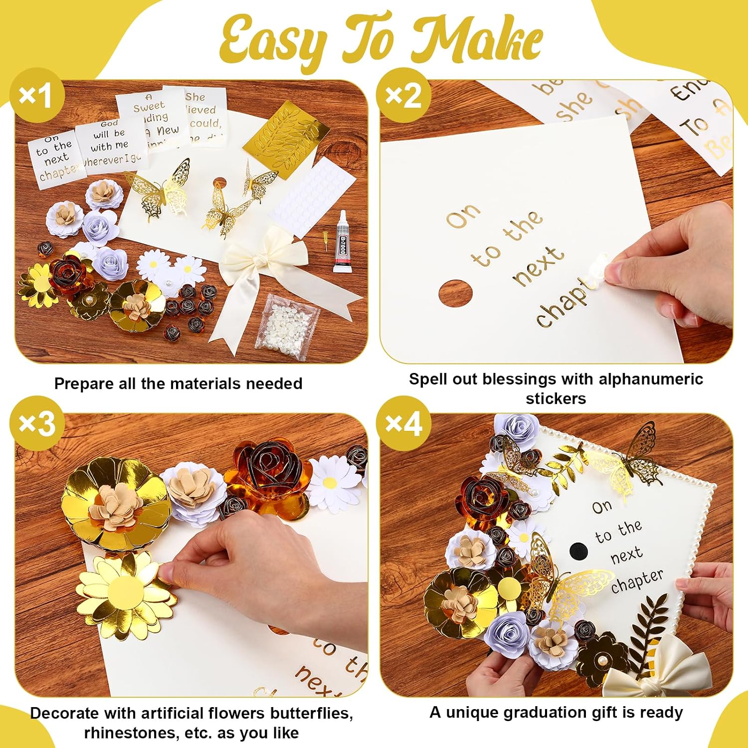 Yexiya 48 Pcs DIY Graduation Grad Cap Decoration Kit Self Adhesive 4 Cream Construction Paper Artificial Parper Flower 3D Butterfly Letter Stickers Satin Bow Pearl for DIY Grad Cap Topper(White)