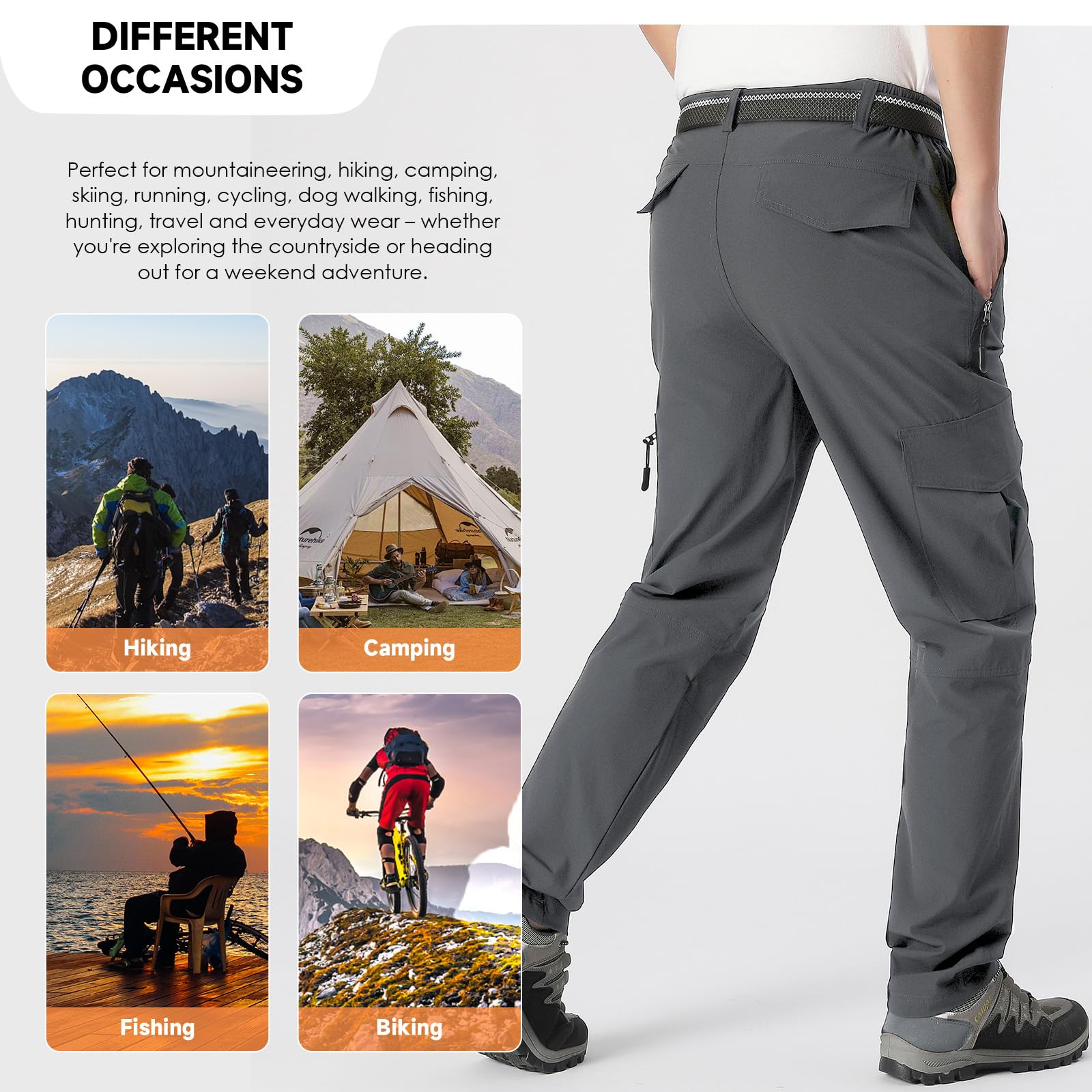 BWBIKE Pantaloni da Escursionismo Outdoor da Uomo - Pantaloni Cargo Leggeri e Traspiranti ad Asciugatura Rapida con 6 Tasche per Pesca e Trekking, Viaggi e Avventure Estive